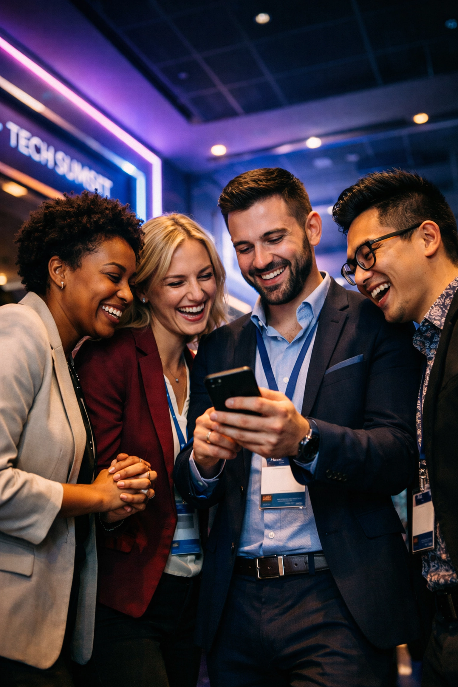 Diverse LGBTQ+ professionals networking and building community at a modern corporate event.