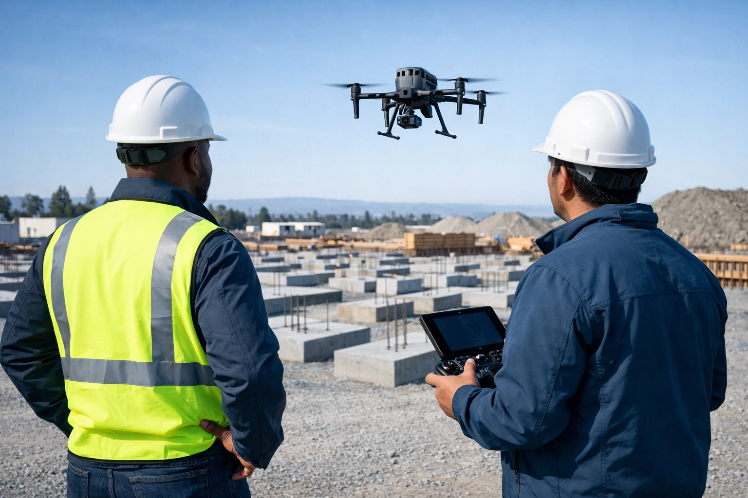 Project manager and drone pilot using aerial imaging for site oversight on a Chattanooga construction site.