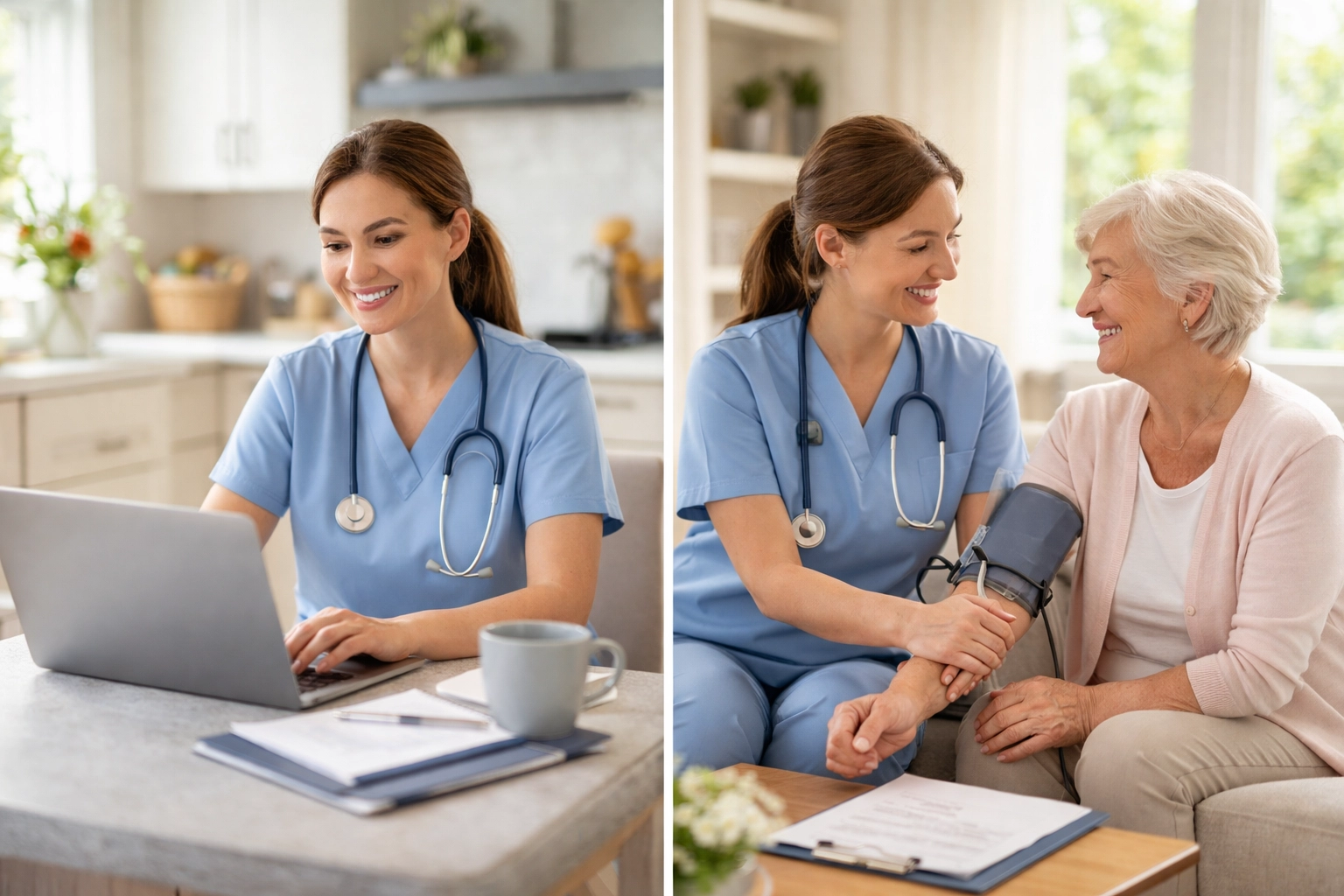 Home health nurse efficiently documenting on a laptop and providing compassionate patient care, highlighting AI's time-saving impact.