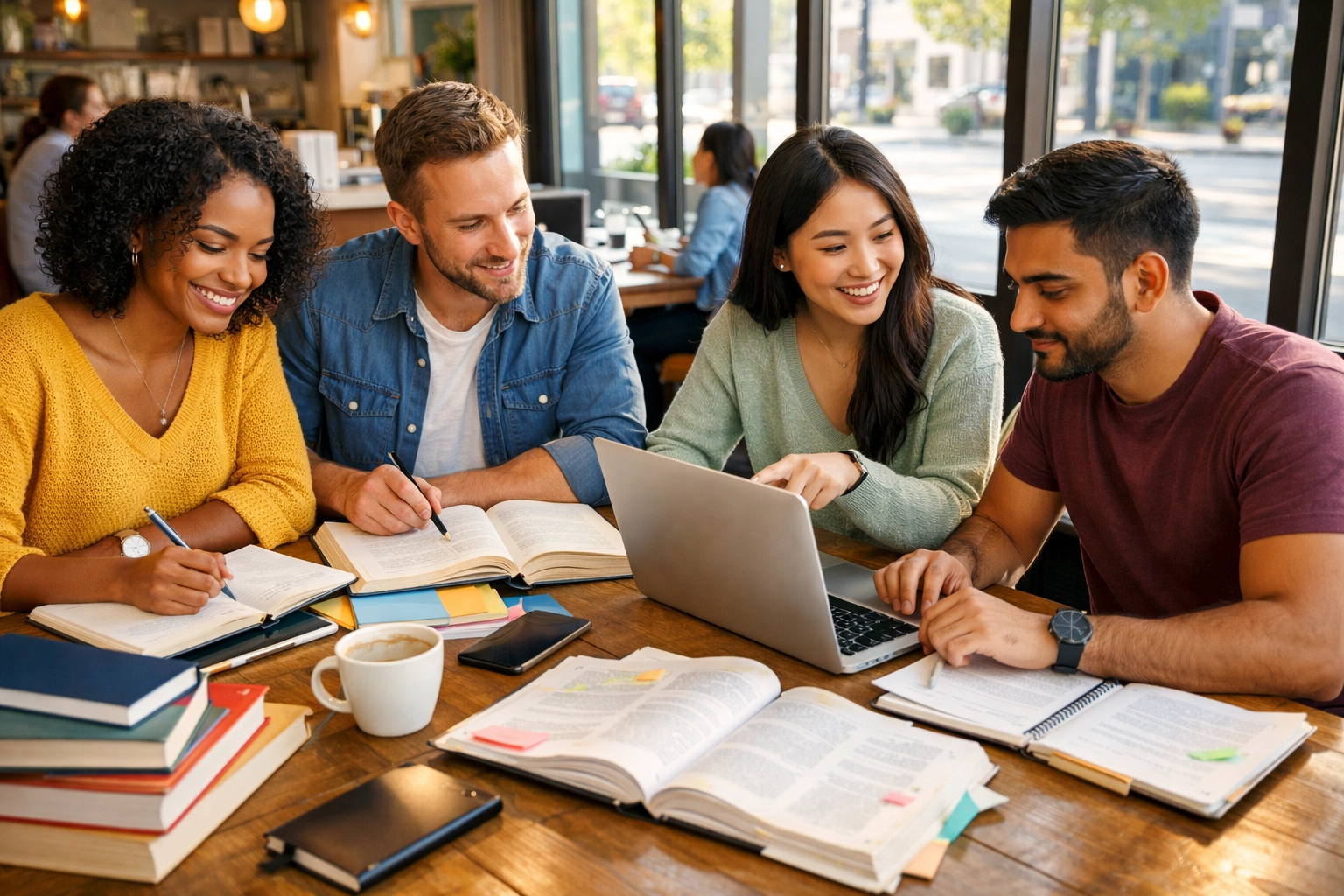 Busy professionals studying for CLEP and DSST credit by exam tests at coffee shop