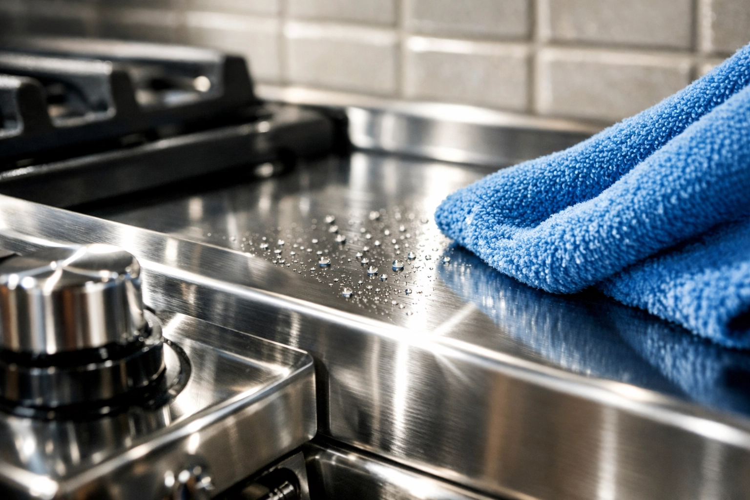Streak-free stainless steel stove and tile backsplash in a kitchen after a deep cleaning service.