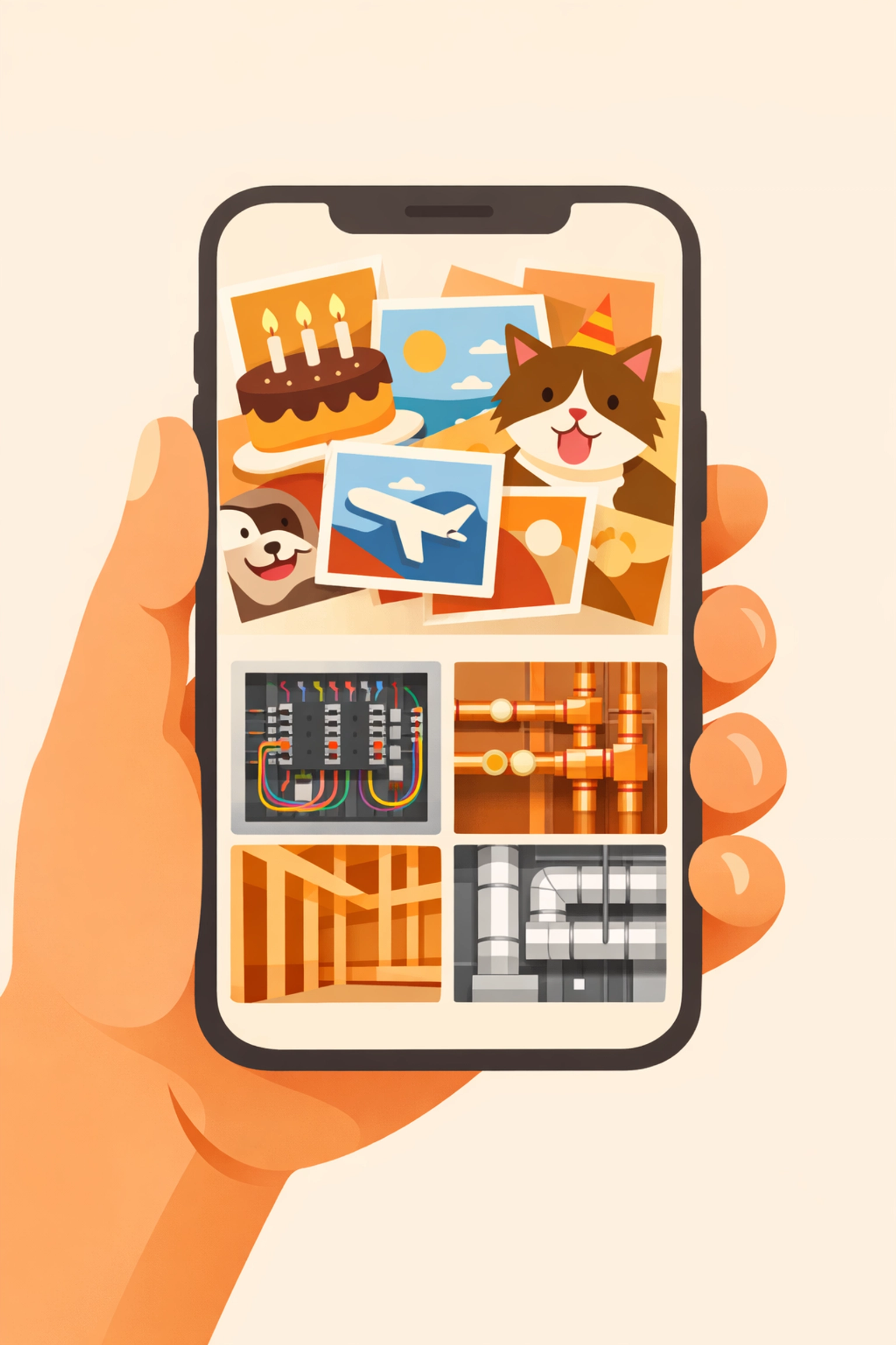 Smartphone screen showing organized contractor job photos versus a cluttered personal photo gallery.