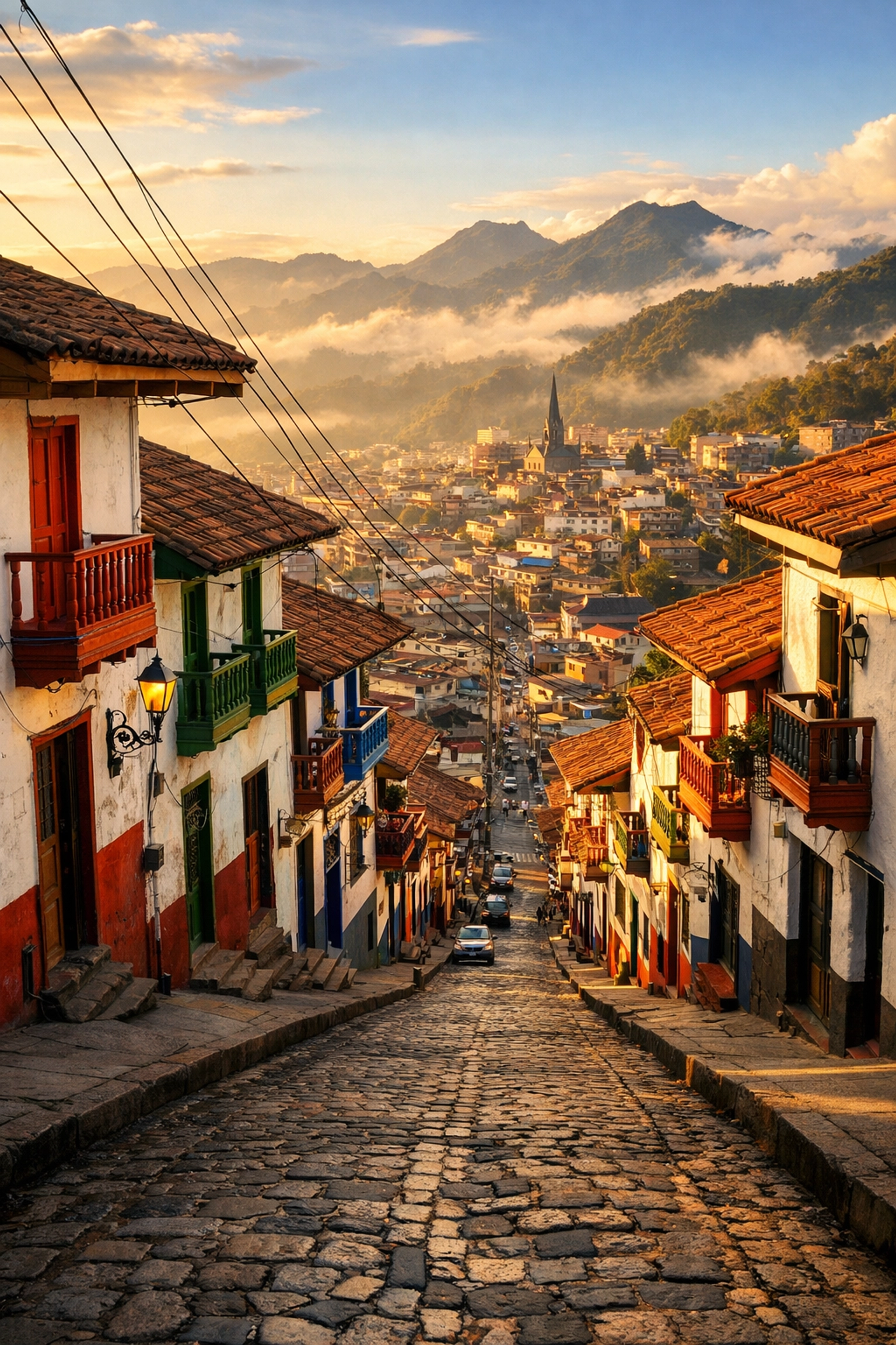 Steep cobblestone streets of Manizales Colombia with colorful traditional architecture cascading down mountainside