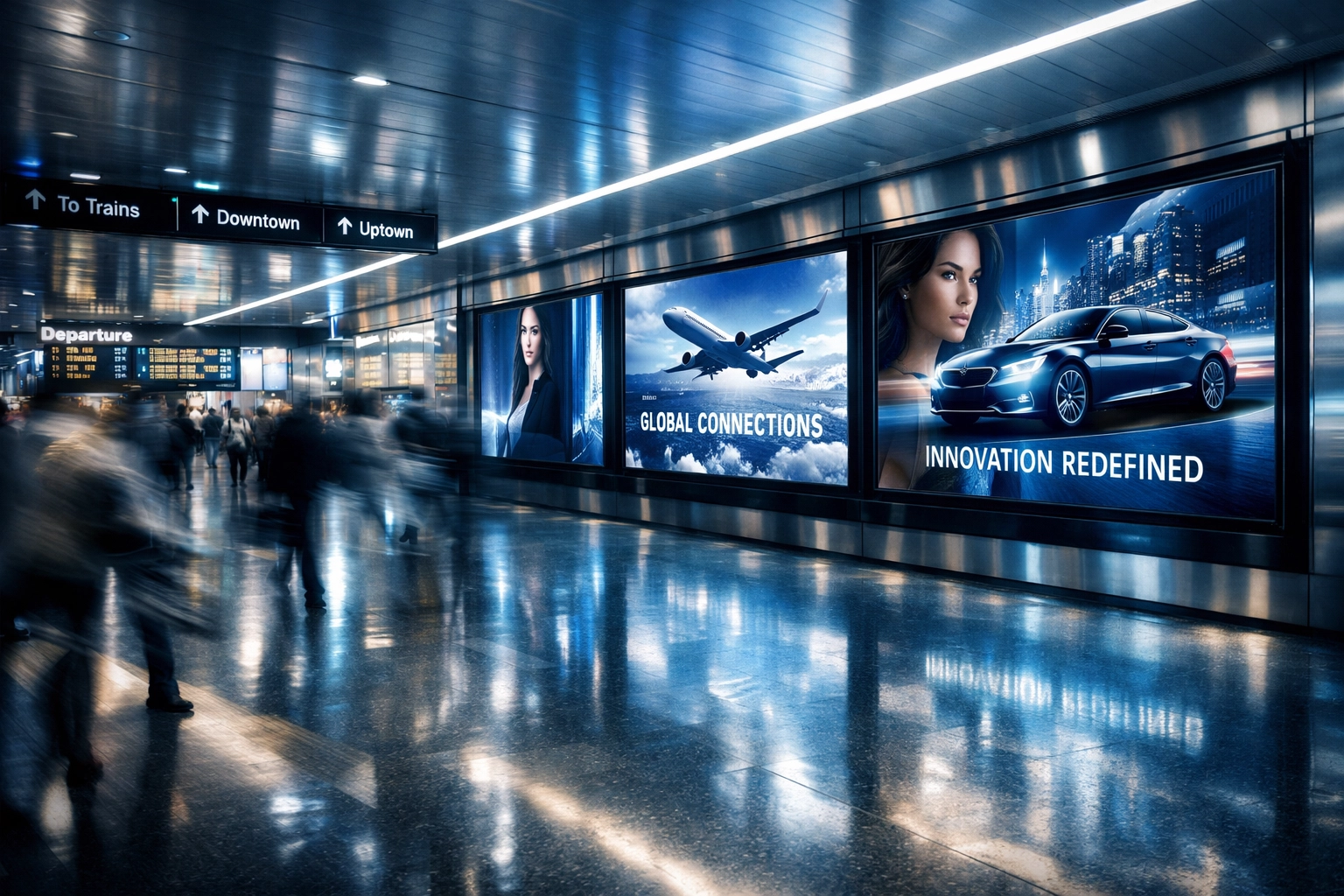 High-definition digital advertising screens capturing audience attention in a New York City transit hub.