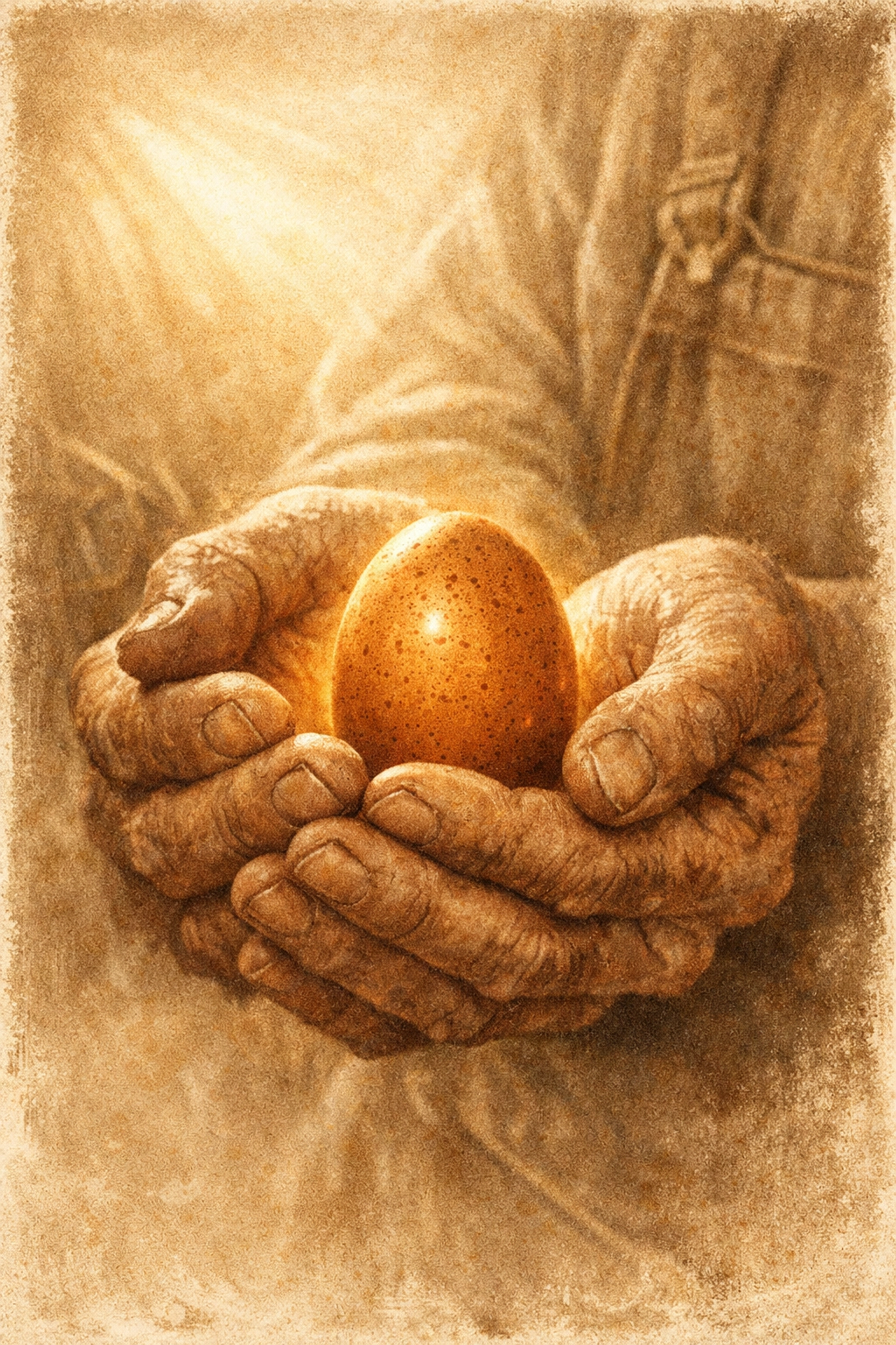 Farmer's hands gently holding speckled hatching egg with care and faith