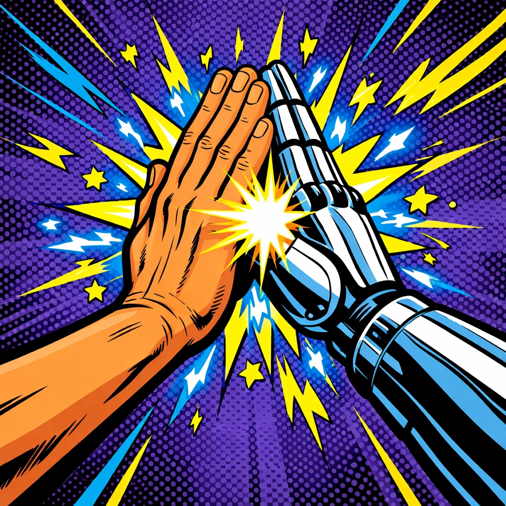 Human and robot high-five representing the partnership between owners and AI lead gen tools.