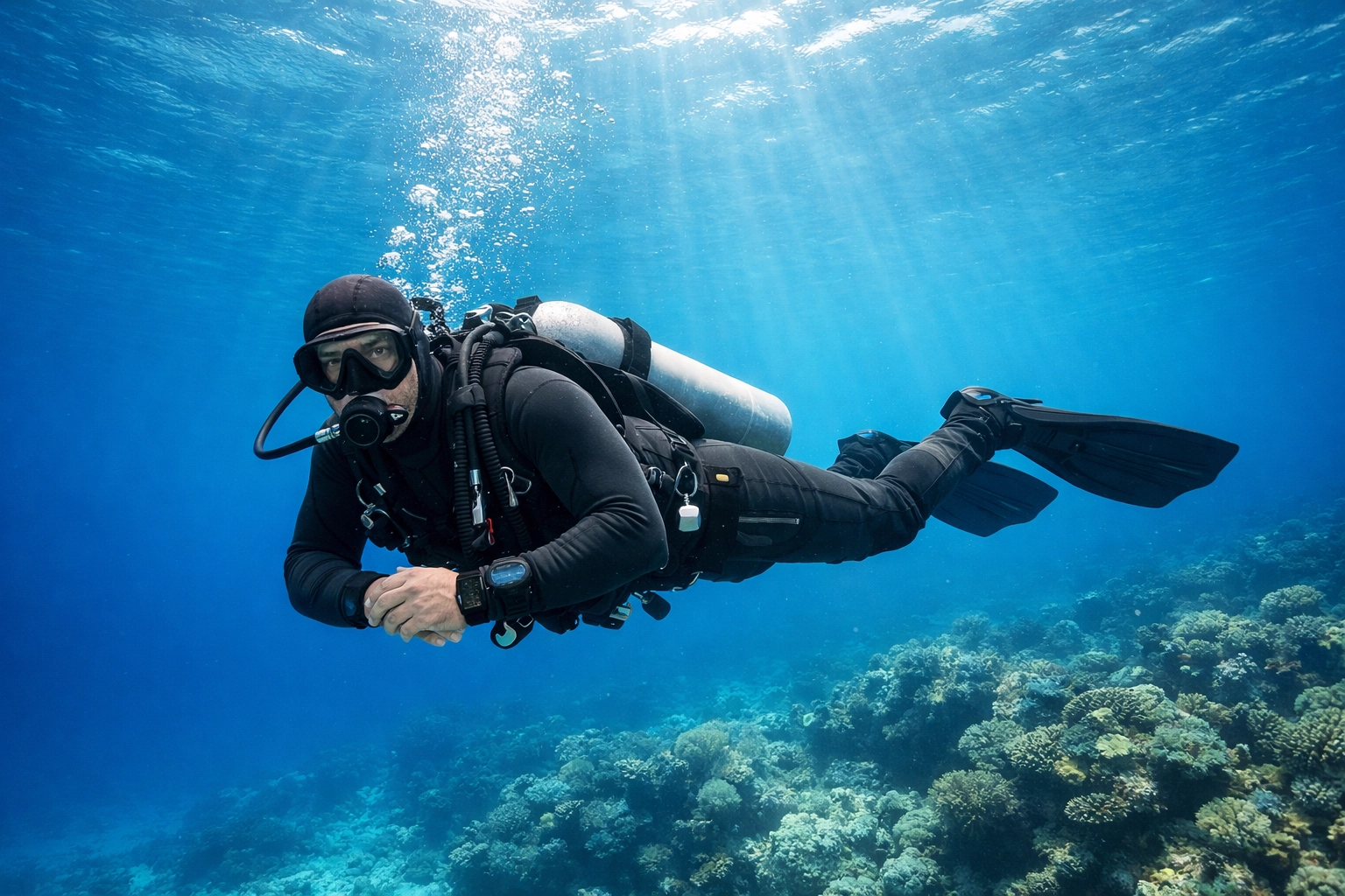 Taucher in perfekter Trim-Position im See als Symbol für Selbstvertrauen nach der Tauchausbildung.