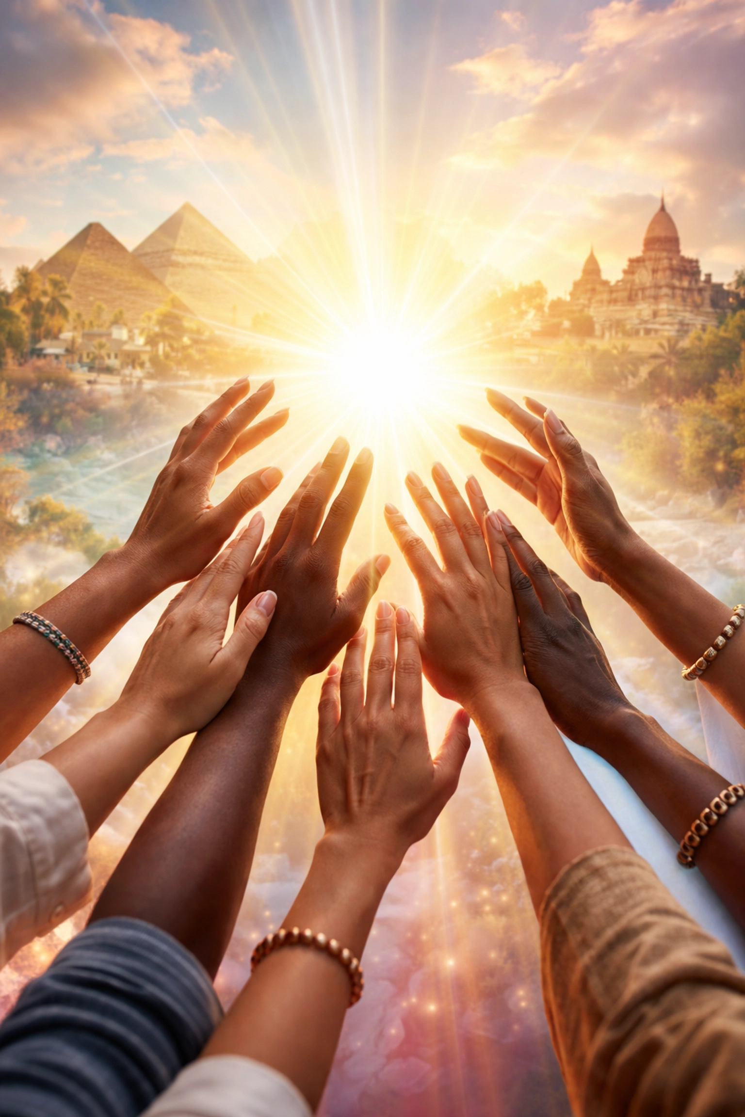 Diverse hands reaching for glowing light with global landmarks, symbolizing Christianity’s unity and global spread after Jesus.
