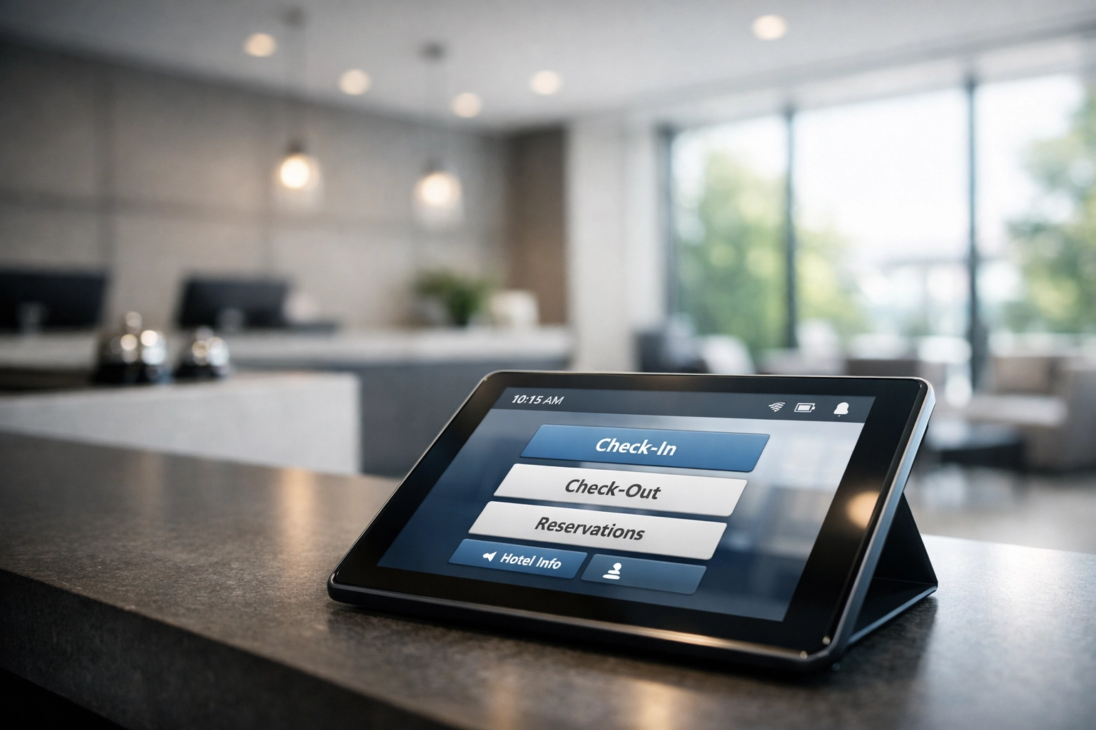 Modern hotel reception desk with touchscreen tablet showing automated PMS interface