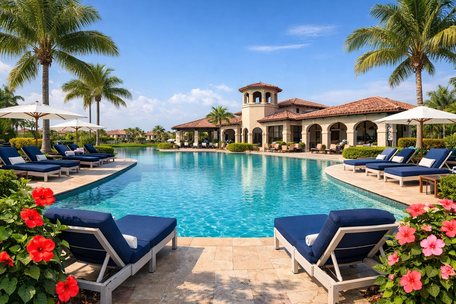 Luxury resort-style pool and clubhouse at a gated community in Cape Coral Florida.