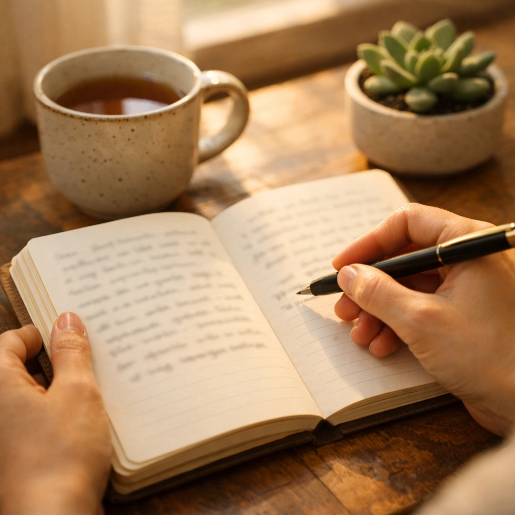 Hands journaling goals and intentions during morning reflection