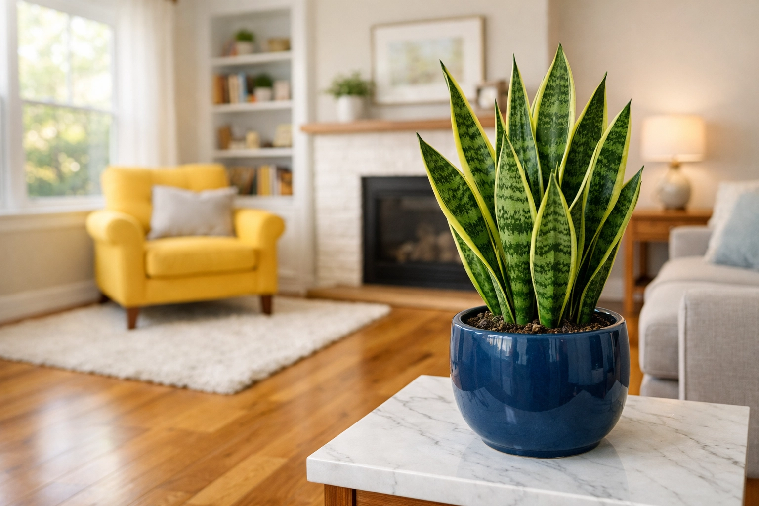 A snake plant in a clean family room with new honey-toned wood floors after professional construction cleanup.