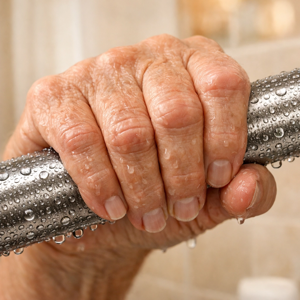 Close-up of a hand firmly gripping a textured non-slip bathroom safety rail to prevent slips.
