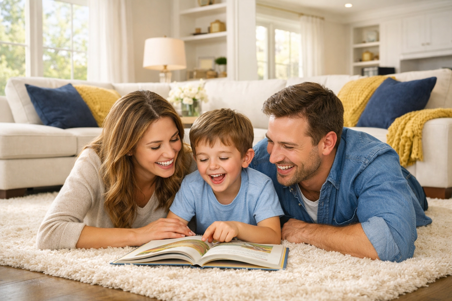 A happy family relaxing in a spotless home after service from professional cleaners Groton MA.