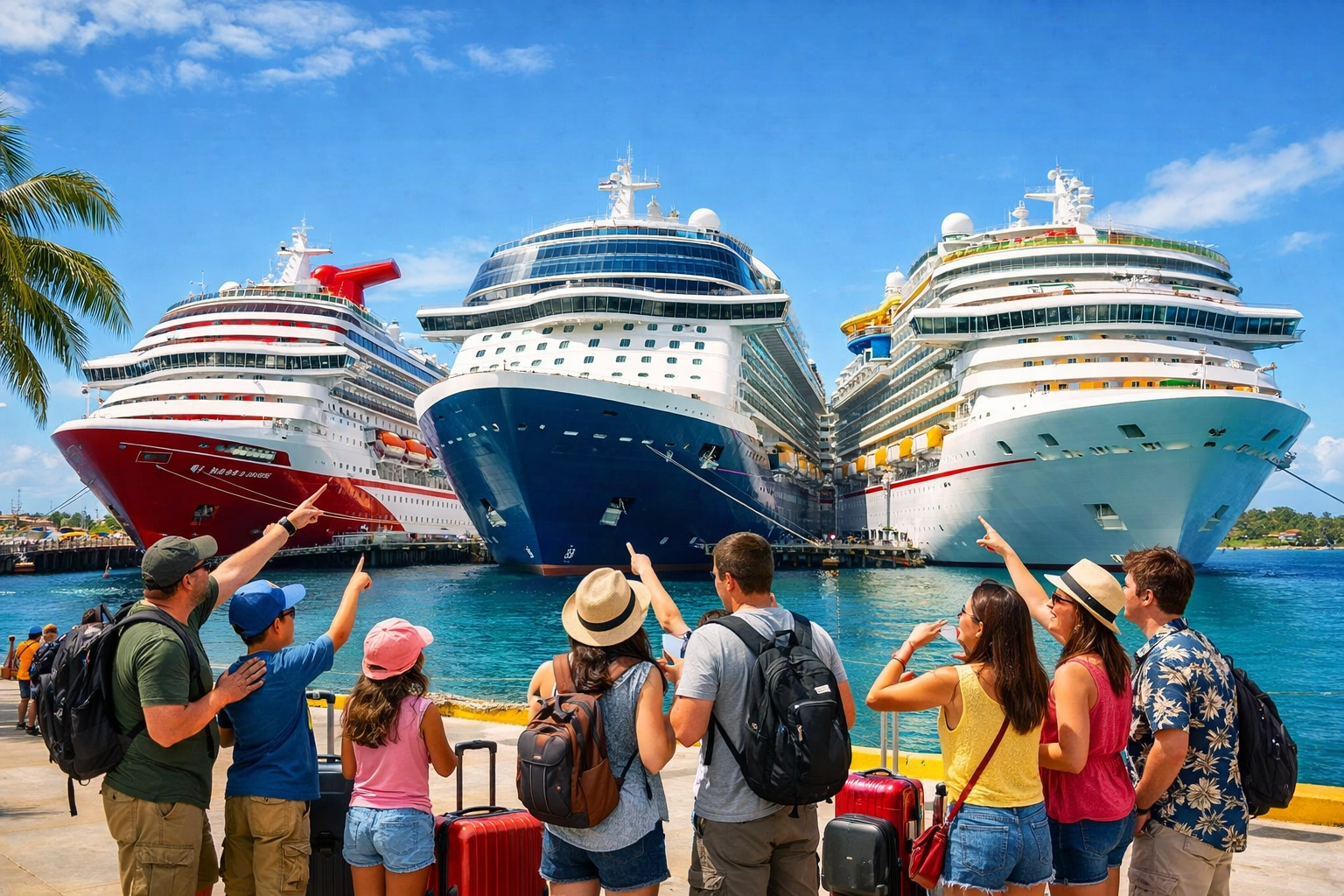 Three cruise ships docked at port with families choosing their first cruise vacation