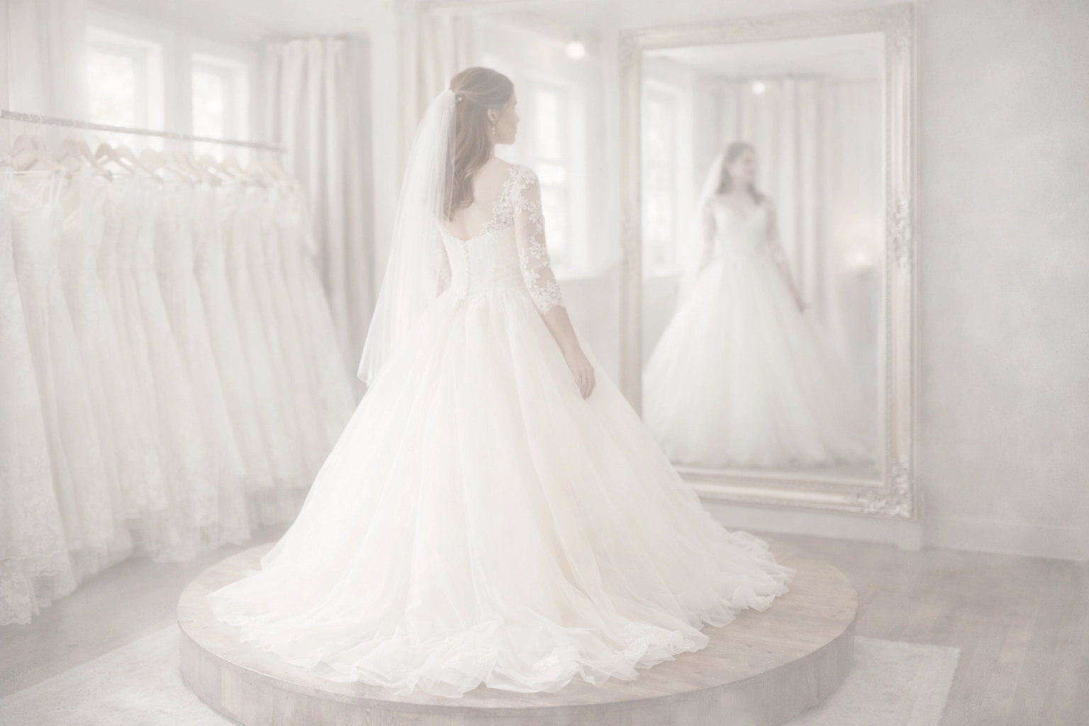 A bride styles her lace-sleeved wedding gown in a boutique, focusing on the dress silhouette.