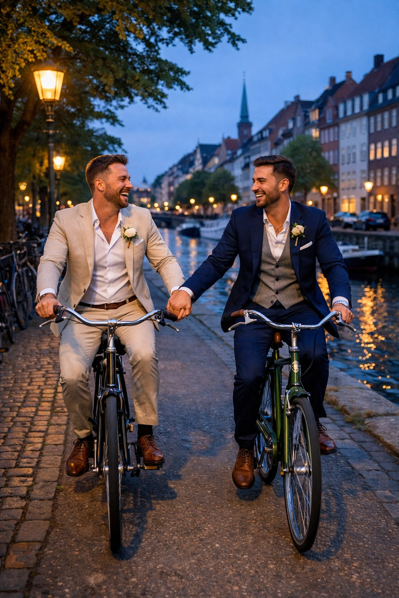 Gay couple cycling hand-in-hand along Copenhagen canal during honeymoon