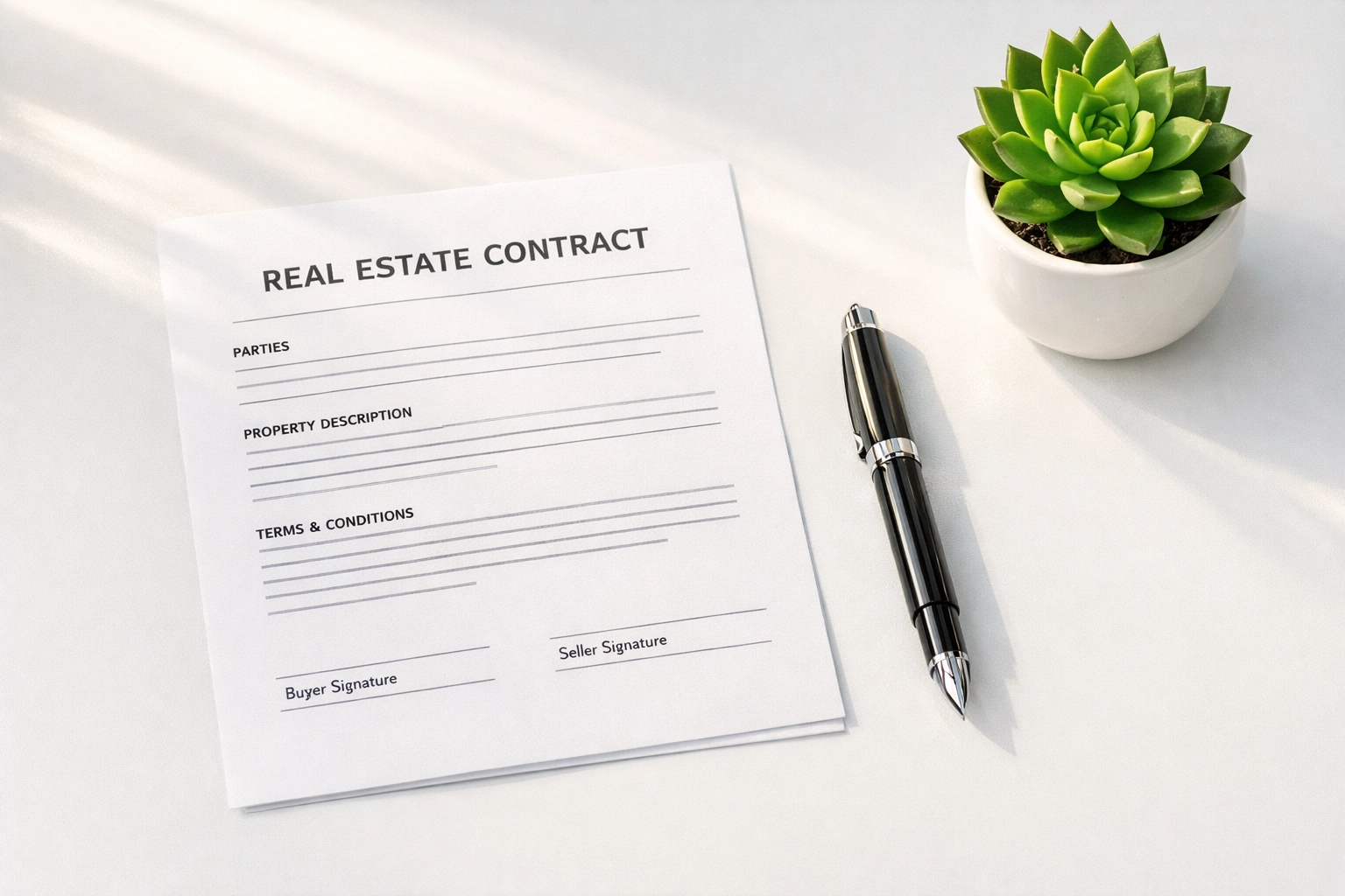 Real estate contract and pen on a desk, representing prepared fix and flip loan documents for Emerald Capital.