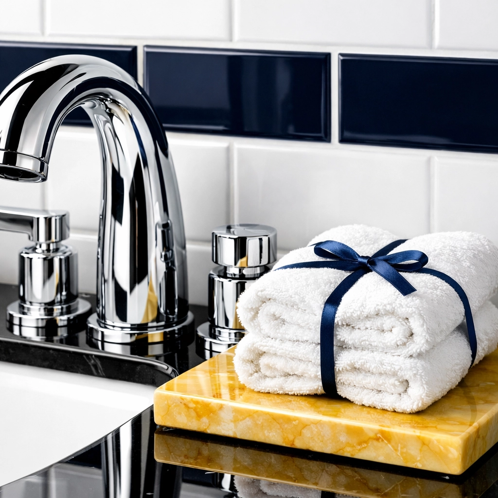 Close-up of a sparkling clean chrome bathroom faucet and rolled towels showing luxury house cleaning details in Andover.