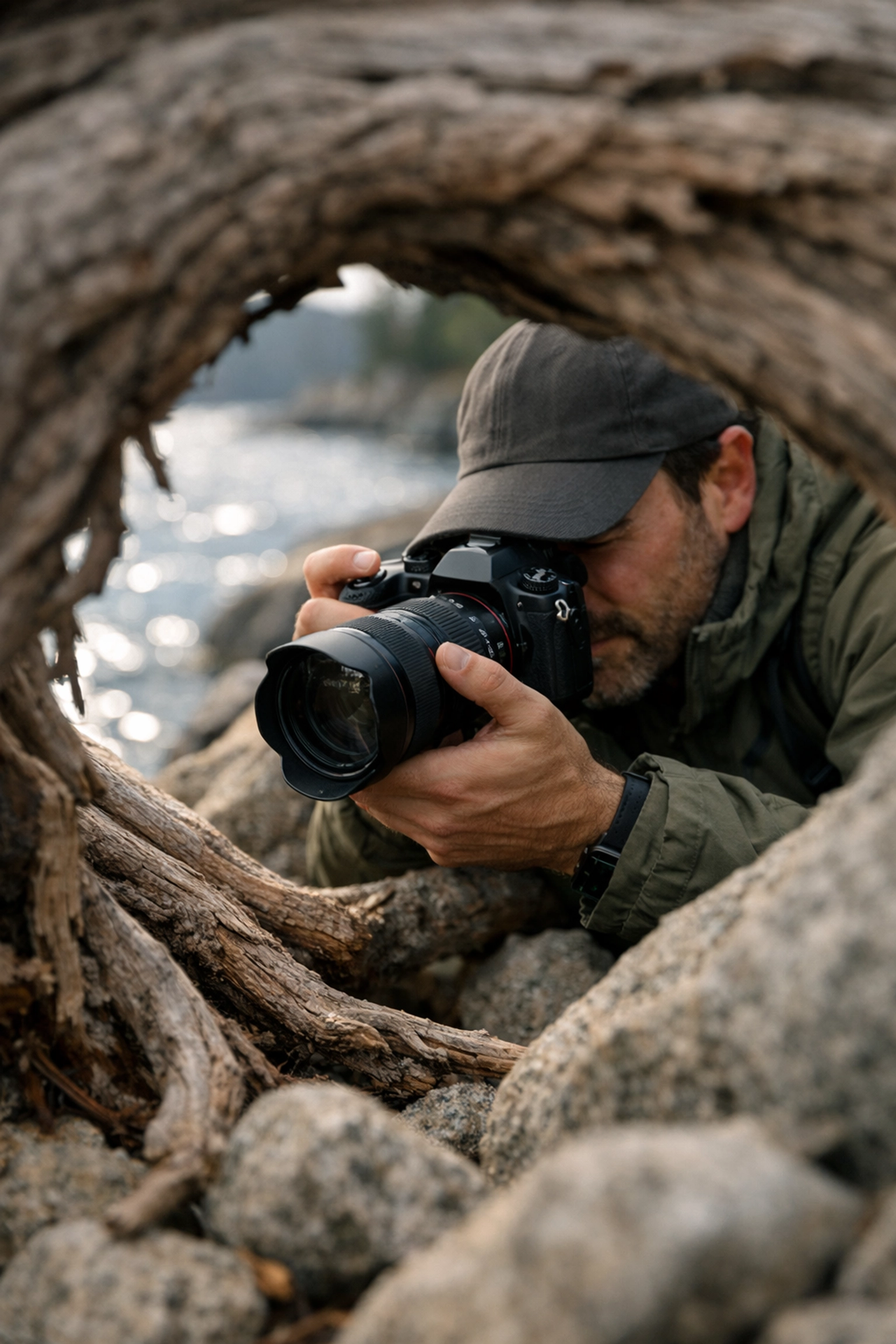 A photographer shooting handheld at D.L. Bliss State Park to find unique landscape photography Lake Tahoe angles.