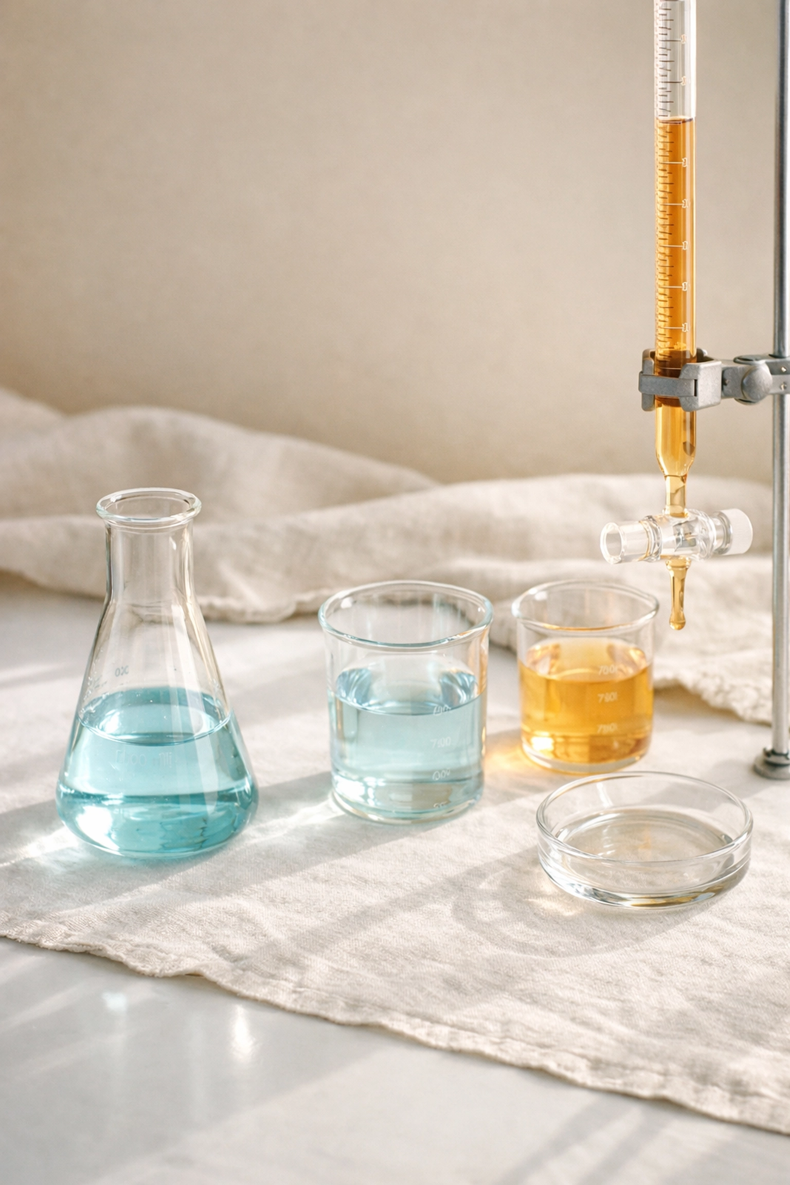 Chemistry laboratory glassware including conical flask and beakers for practical revision
