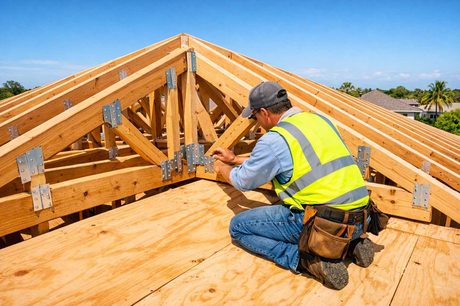 Roofing contractor inspecting hurricane strap connections on Florida roof decking
