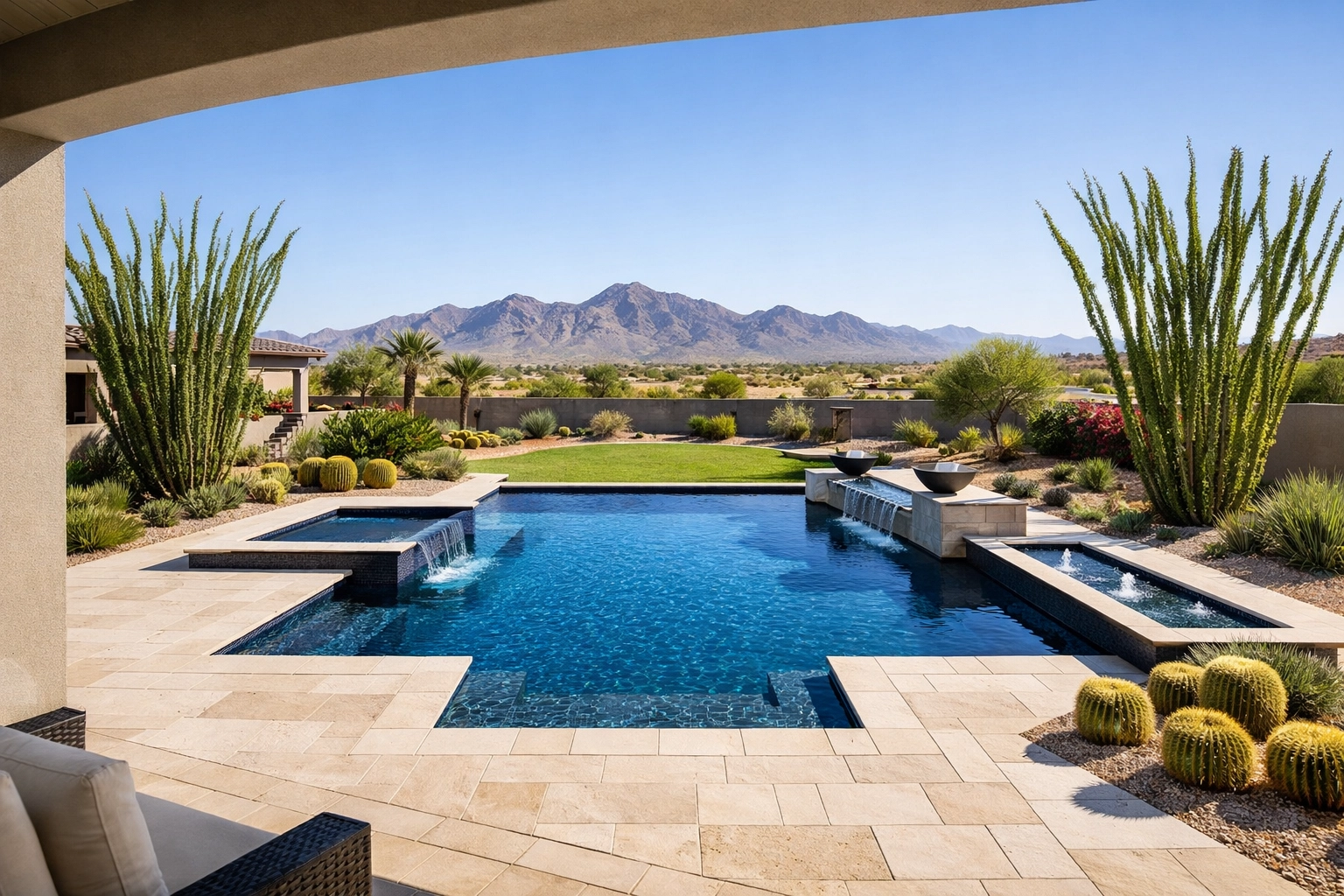 Luxury geometric swimming pool in Queen Creek, Arizona with San Tan Mountain views and clear water.