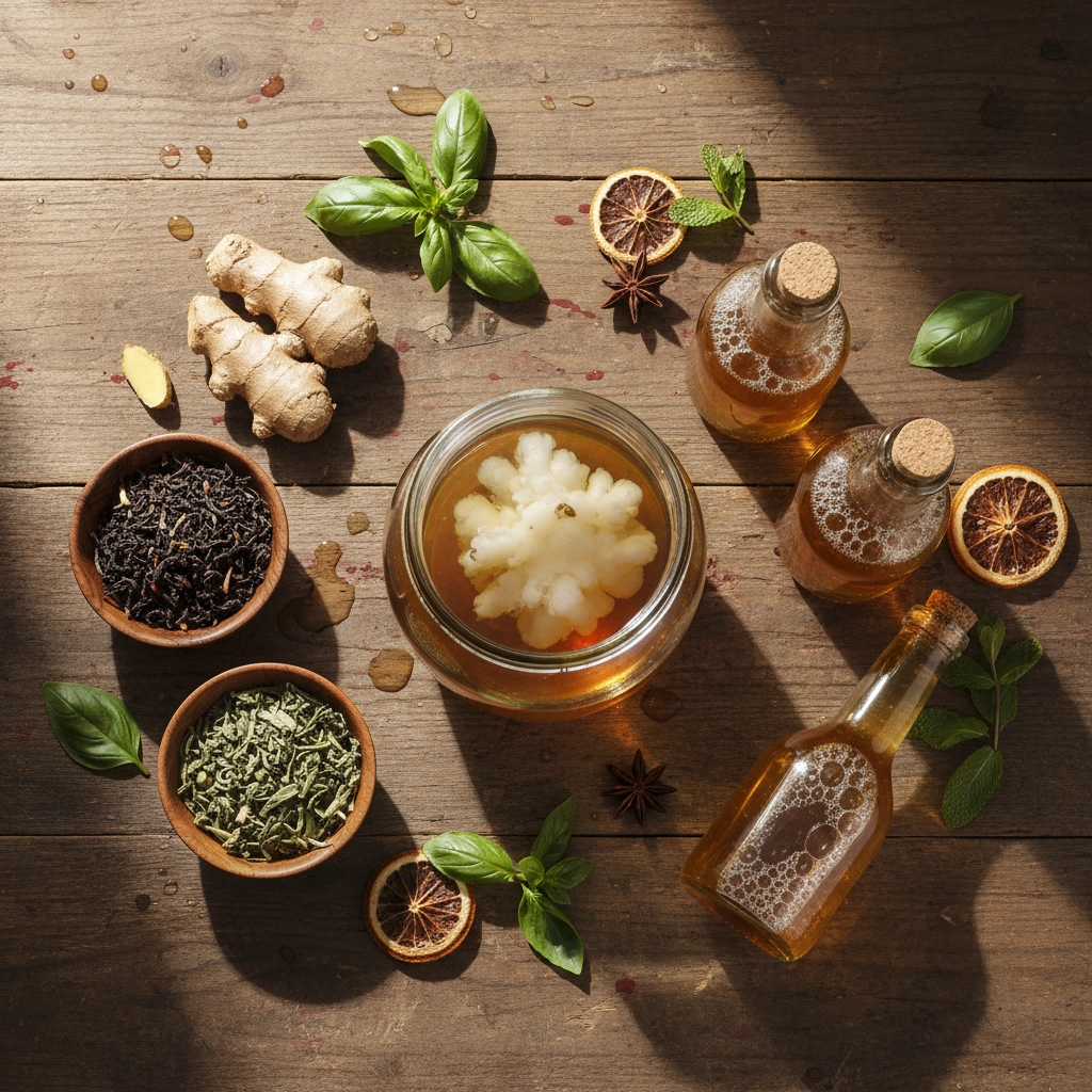 A table with ingredients all over it for making raw kombucha