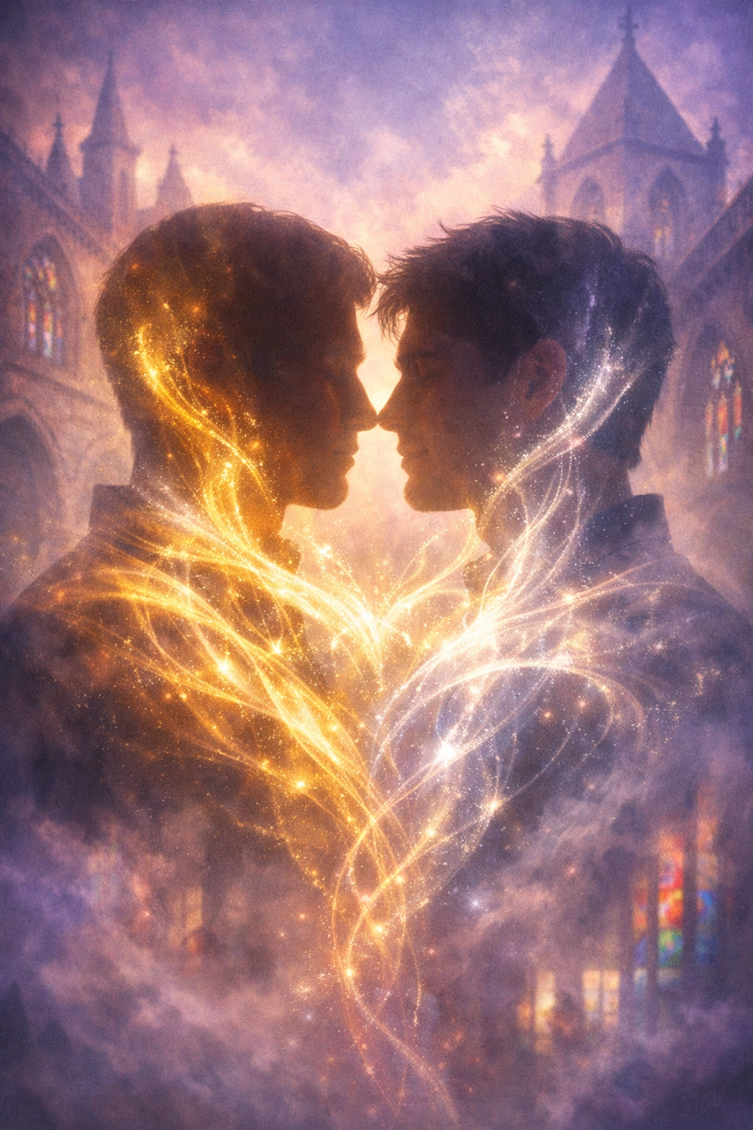 Two monks' spiritual connection visualized through intertwined light in monastery