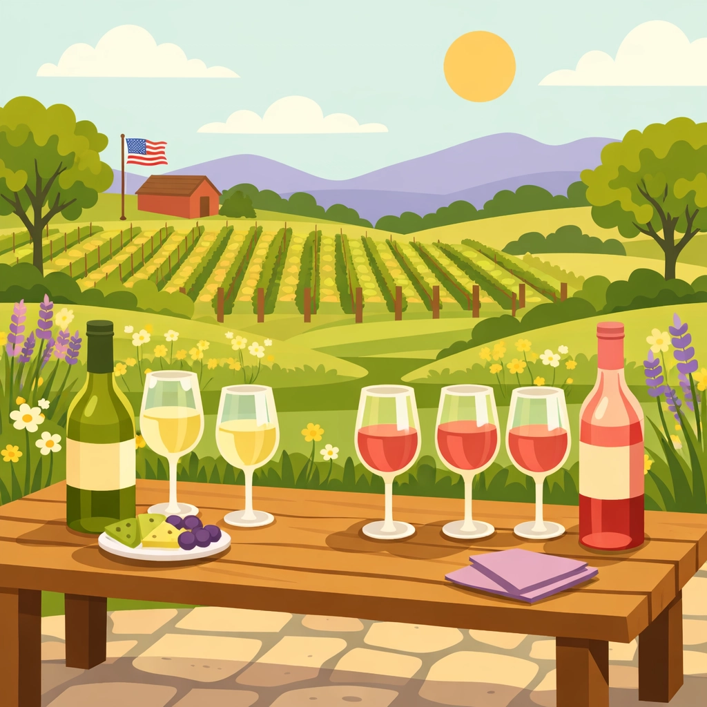 Outdoor wine tasting at Virginia winery with glasses on patio overlooking spring vineyard