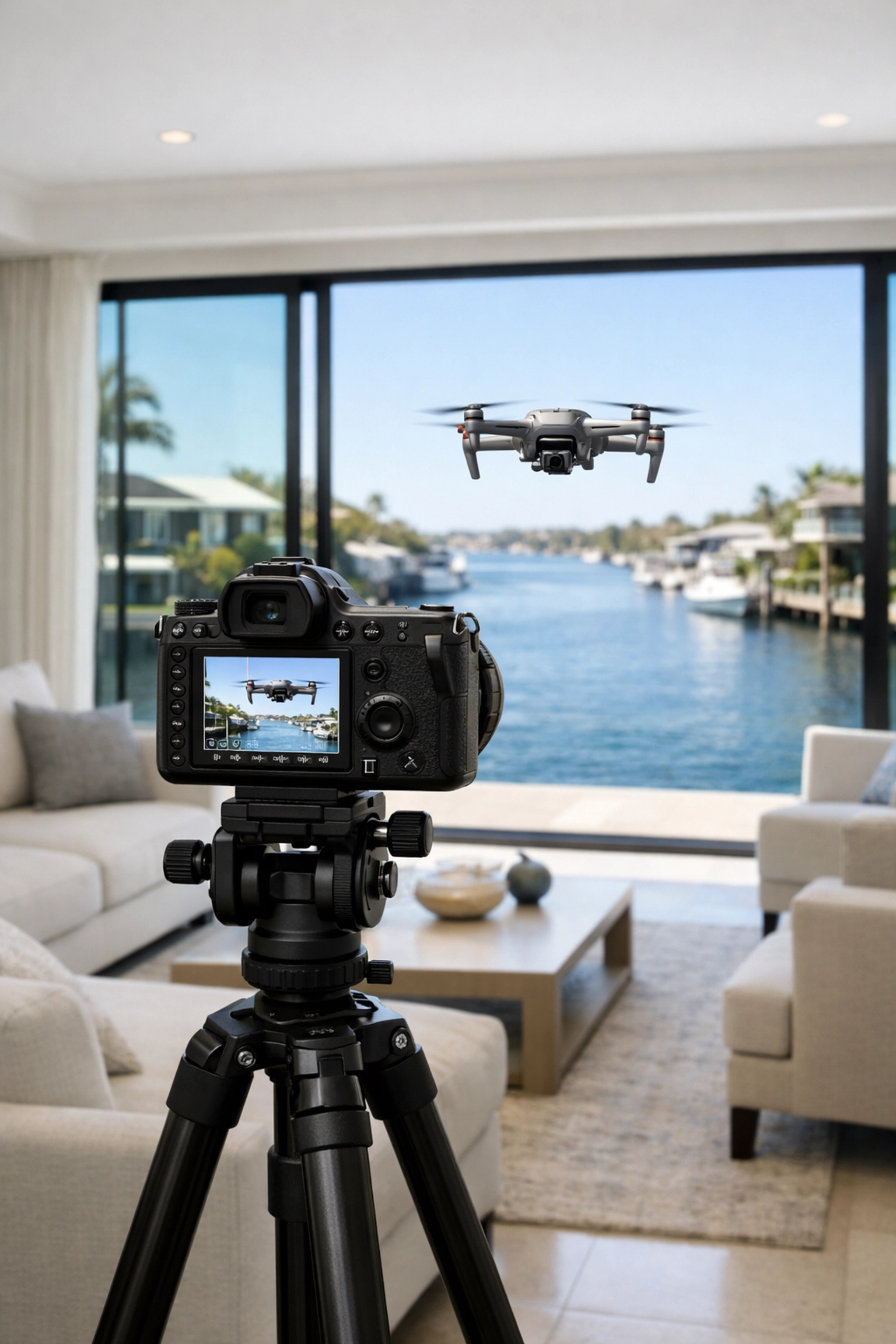 Professional real estate photography and drone setup at a luxury Cape Coral waterfront property.