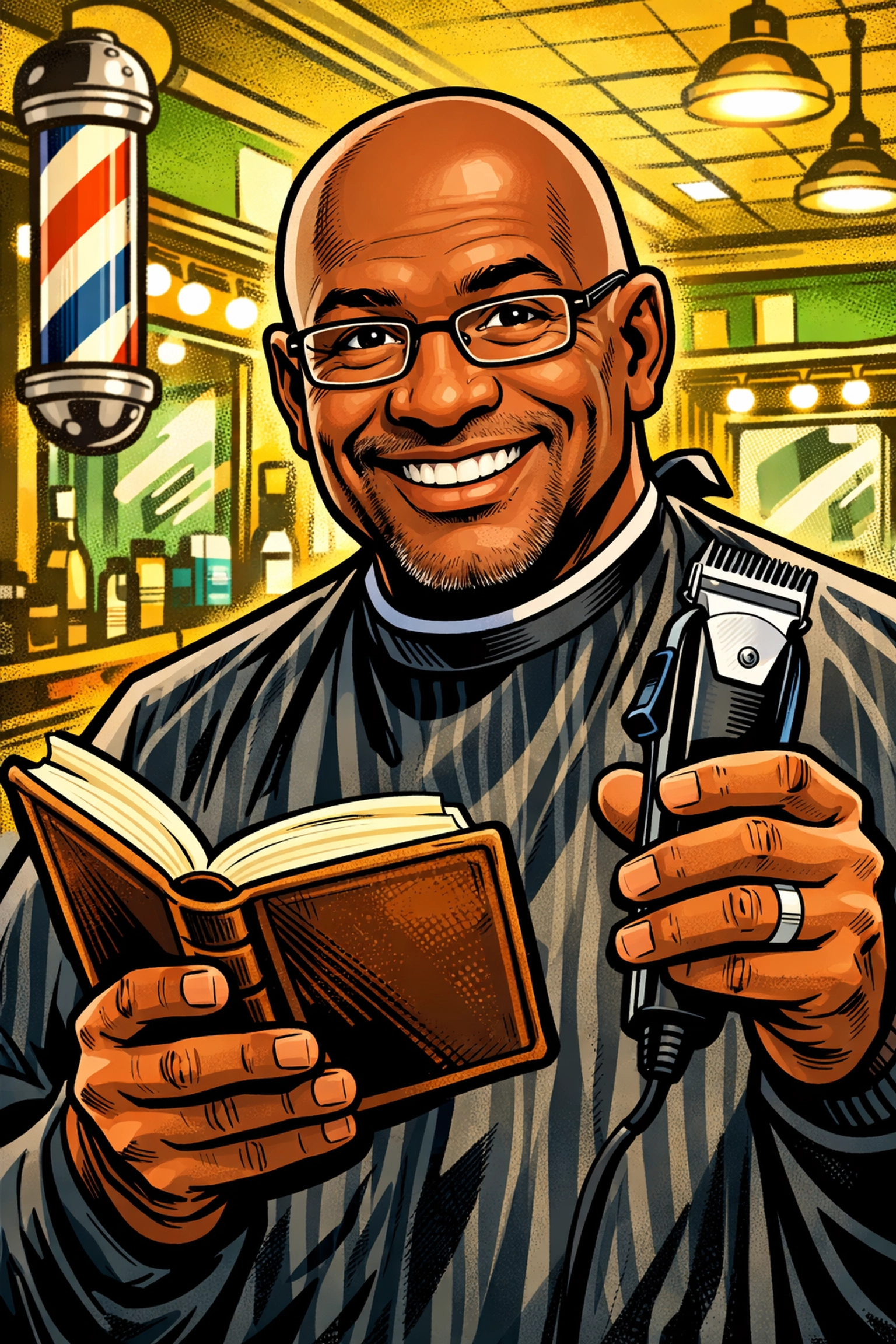 Professor Antonio in a barber cape holding a book and clippers to symbolize CRC's barbershop literacy programs.
