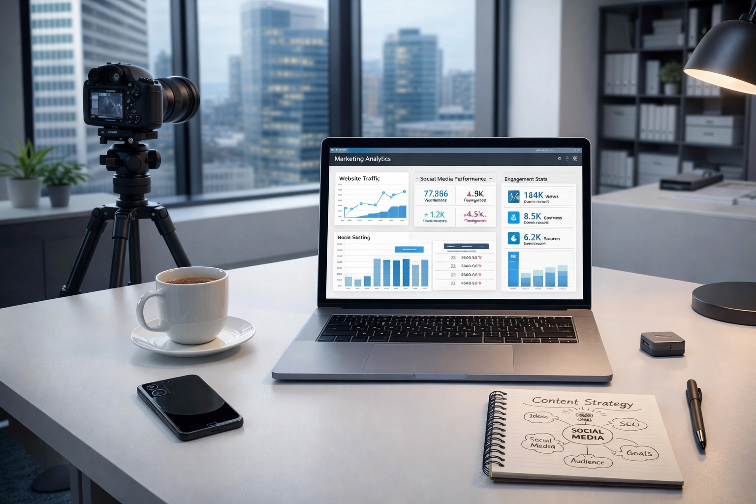 Simon Leung content creation workspace with laptop and marketing analytics dashboard (no faces)