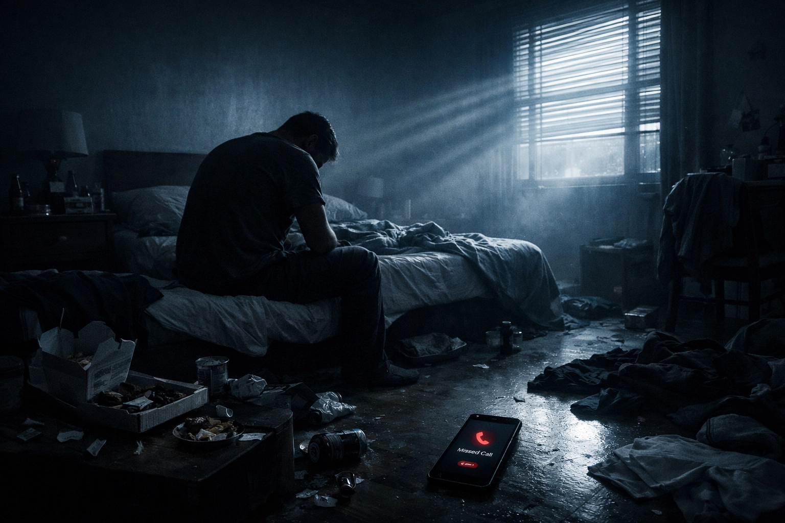 Isolated man on an unmade bed reflecting the tragic consequences and loneliness of addiction in gay fiction.