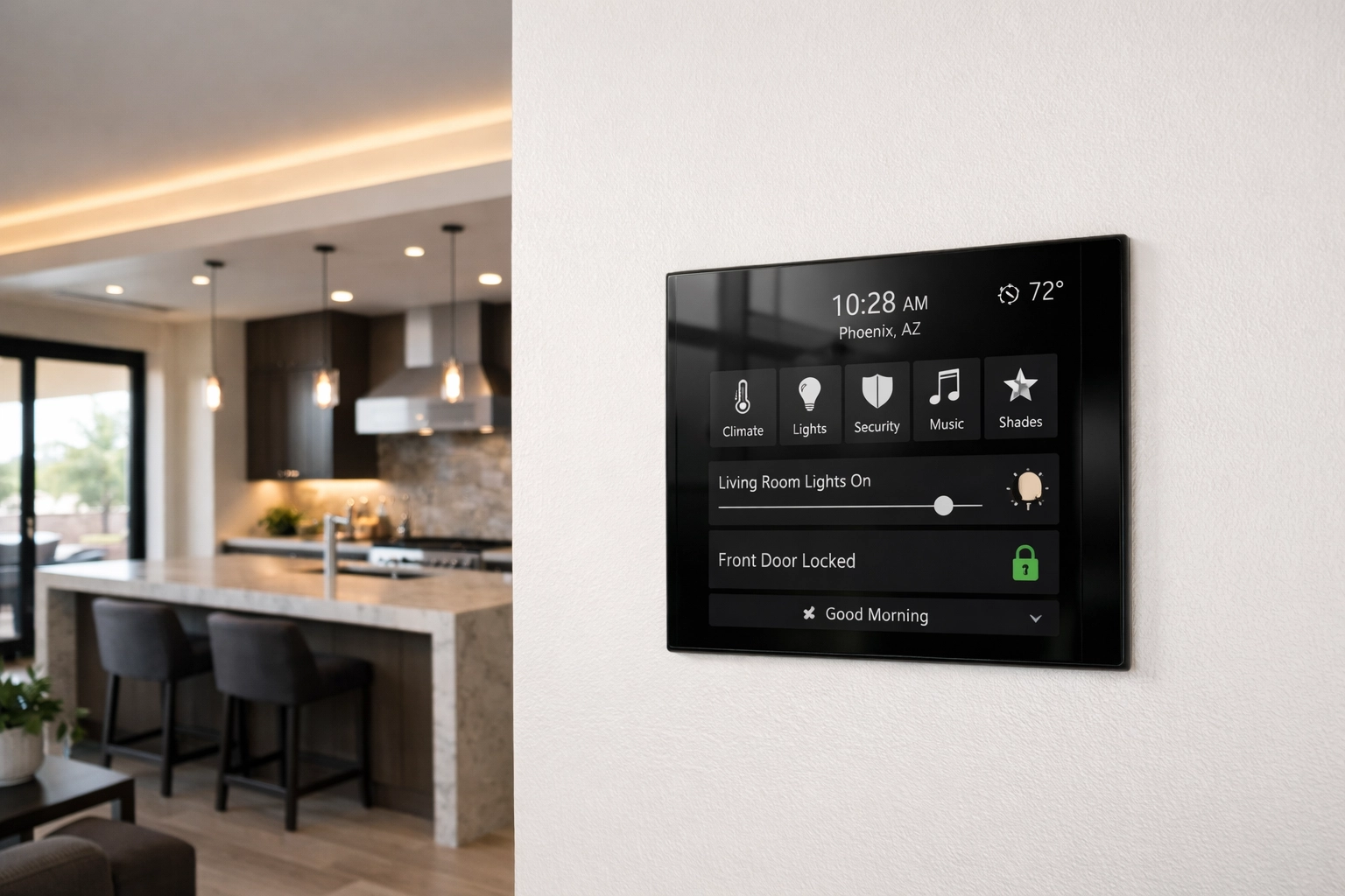 Modern smart home control panel in a Phoenix custom interior with recessed LED lighting and sleek design.