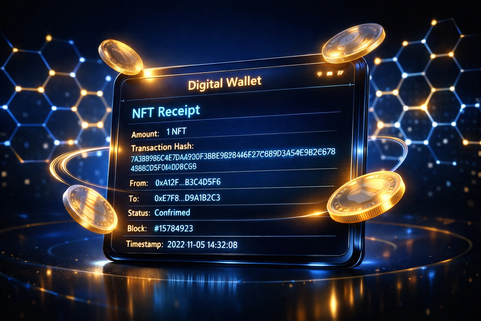 Digital crypto wallet displaying NFT receipt with blockchain transaction details and cryptocurrency