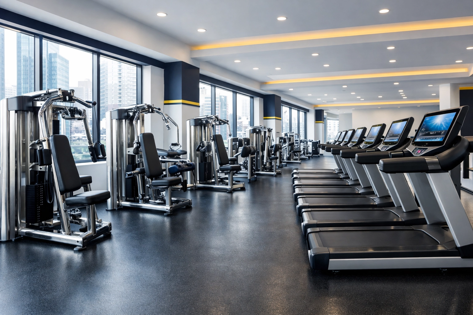 Spotless commercial gym floor in Malden with sanitized treadmills and stainless steel weight machines.