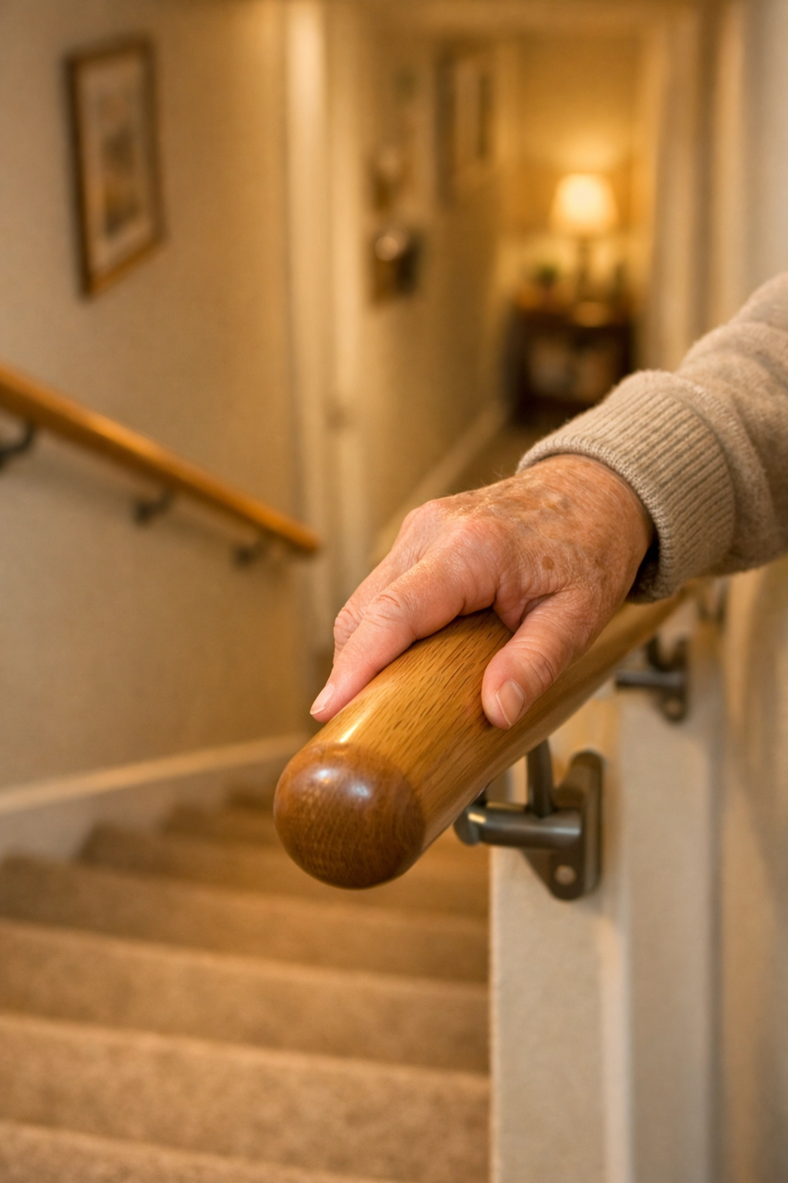 A senior's hand firmly gripping a sturdy wooden handrail for stability on stairs.