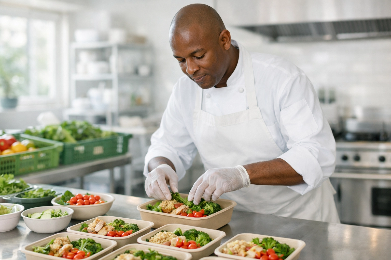 Minority food vendor preparing fresh meals for a Tampa Bay community feeding program.