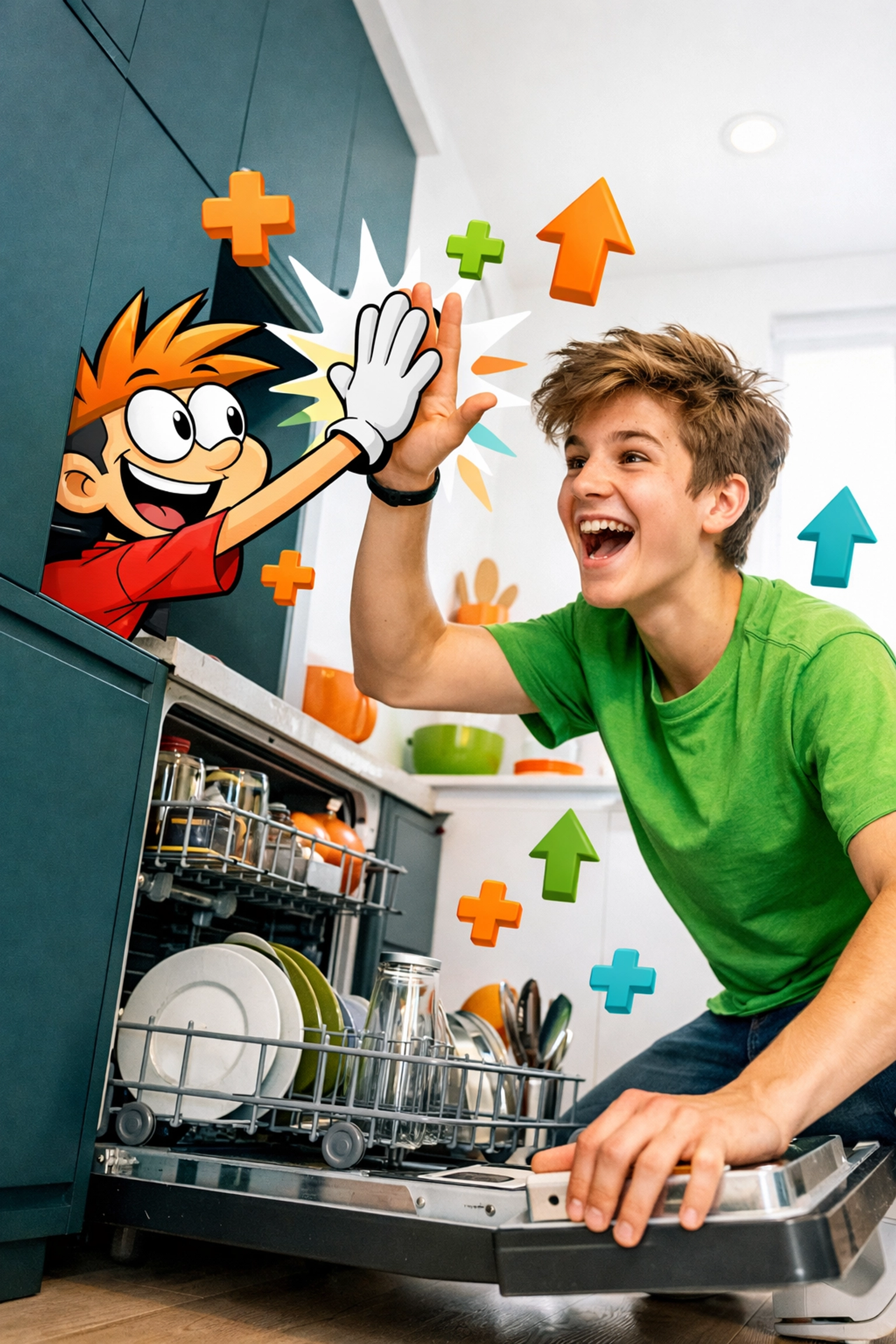 A teenager loading a dishwasher and celebrating a completed chore to build confidence and life skills.