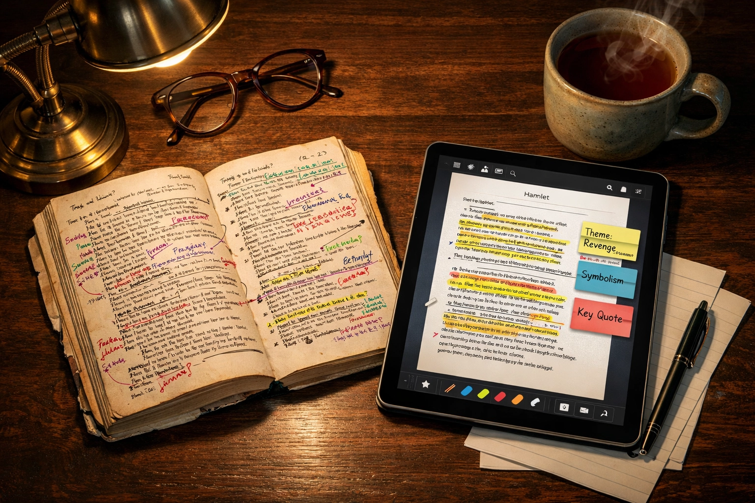 Annotated Shakespeare book and tablet used by online GCSE tutors for English literature analysis.