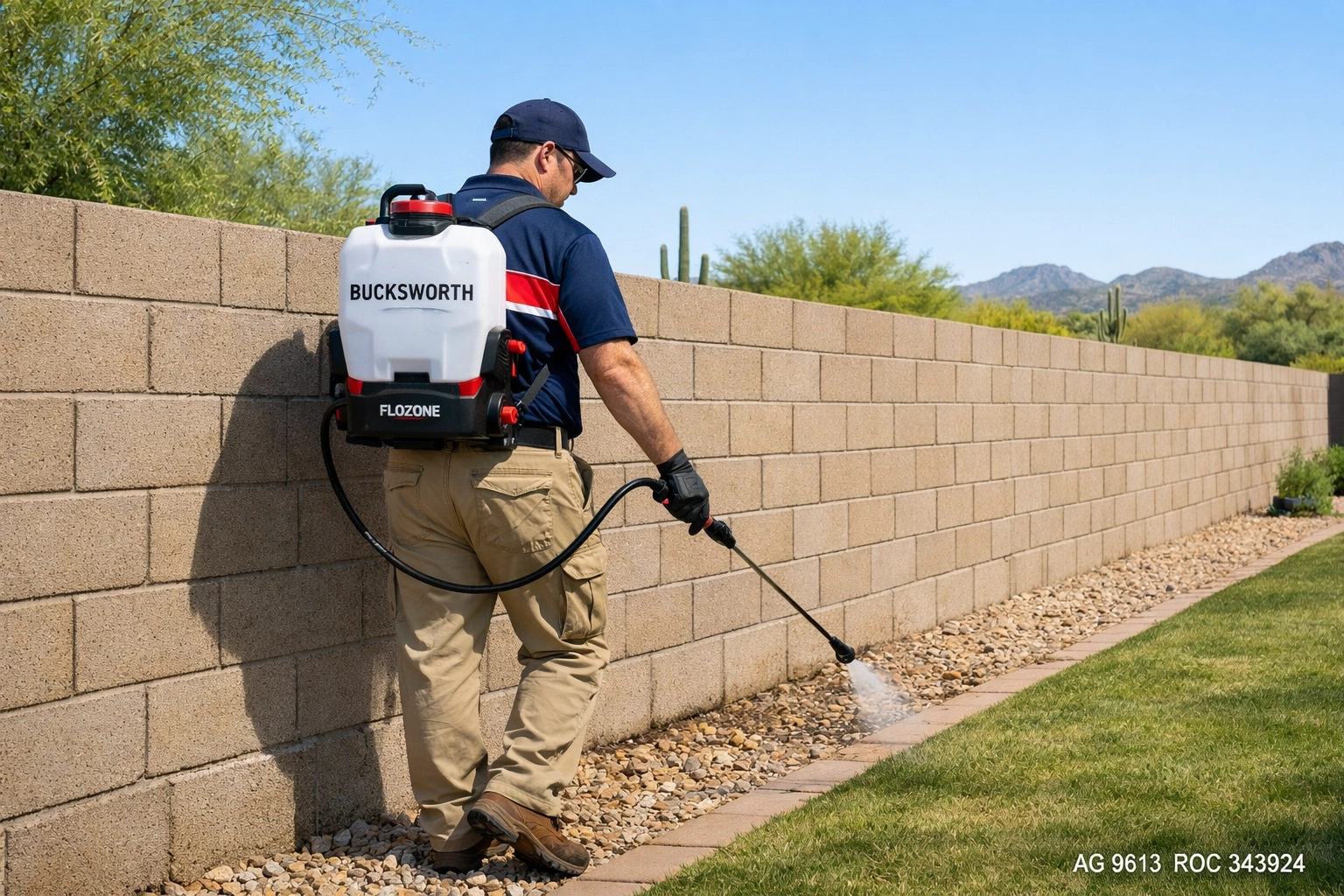 Professional scorpion control treatment on a desert block wall by a Bucksworth technician in Scottsdale.