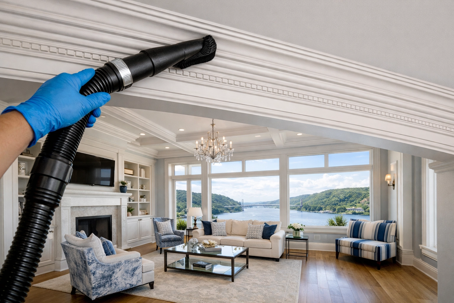 A professional cleaner using a HEPA vacuum on crown molding for a dust-free post construction cleaning Hudson.
