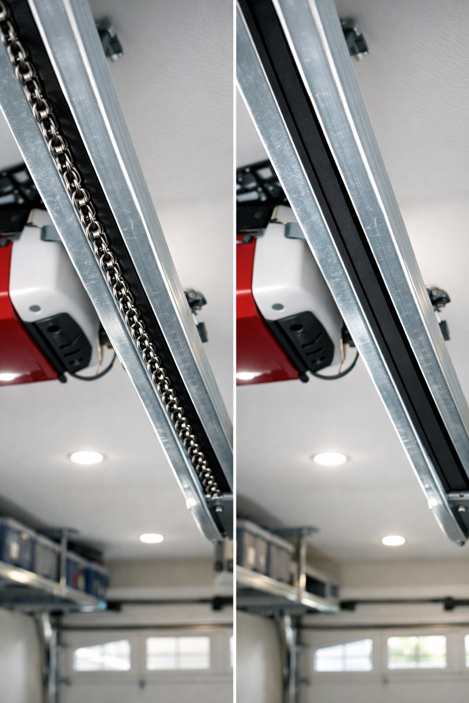 Side-by-side comparison of a traditional metal chain drive and a modern quiet belt drive garage door rail.