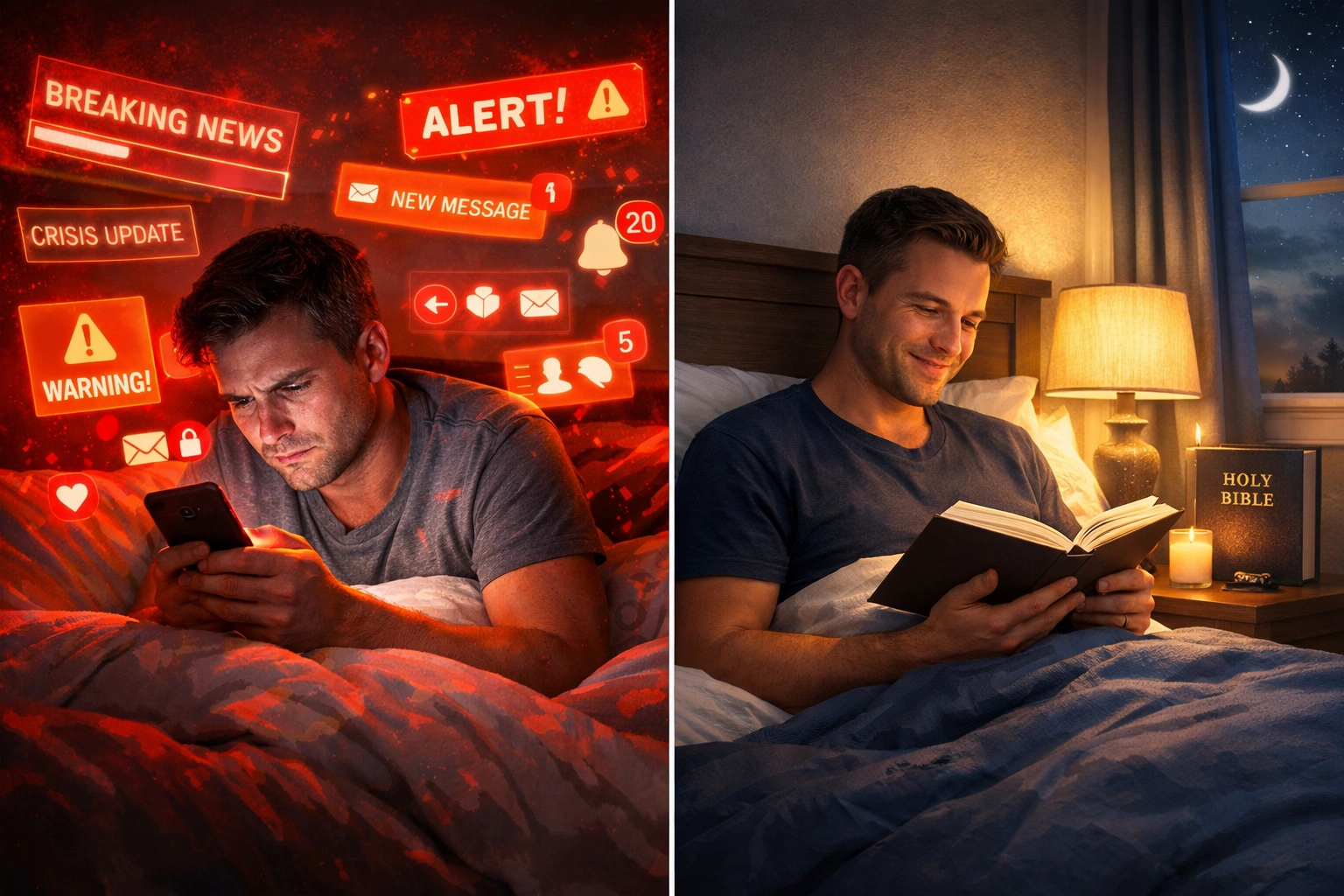 Comparison of stressful late-night phone scrolling versus peaceful bedtime Bible reading and rest