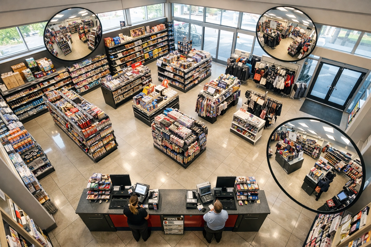 Retail store layout with strategic security design and clear sight lines for theft prevention