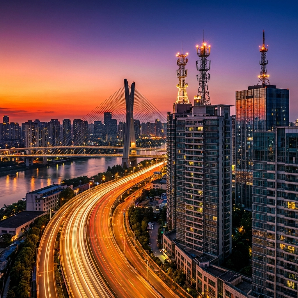 A city skyline at dusk with prominent bridges, towers, and apartment buildings highlighting infrastructure investments in alternative portfolios.