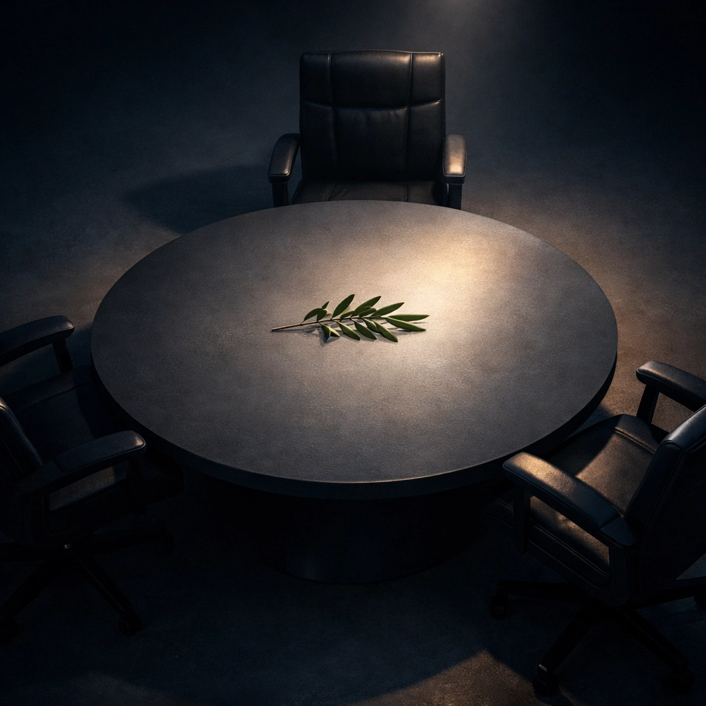 Empty negotiation chairs with olive branch representing diplomatic peace talks and biblical reconciliation