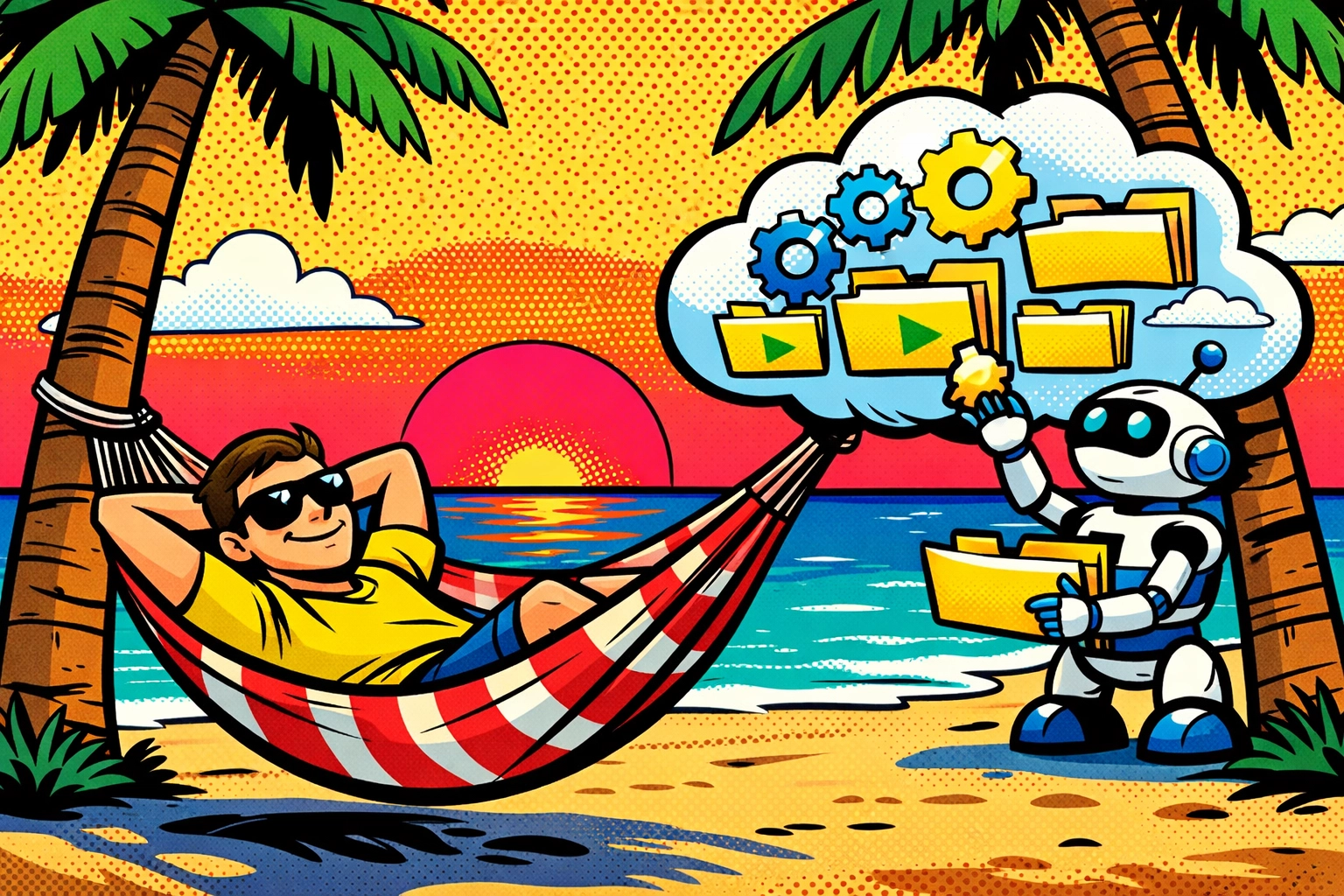 Entrepreneur in a hammock while robots automate customer support with AI in the background.