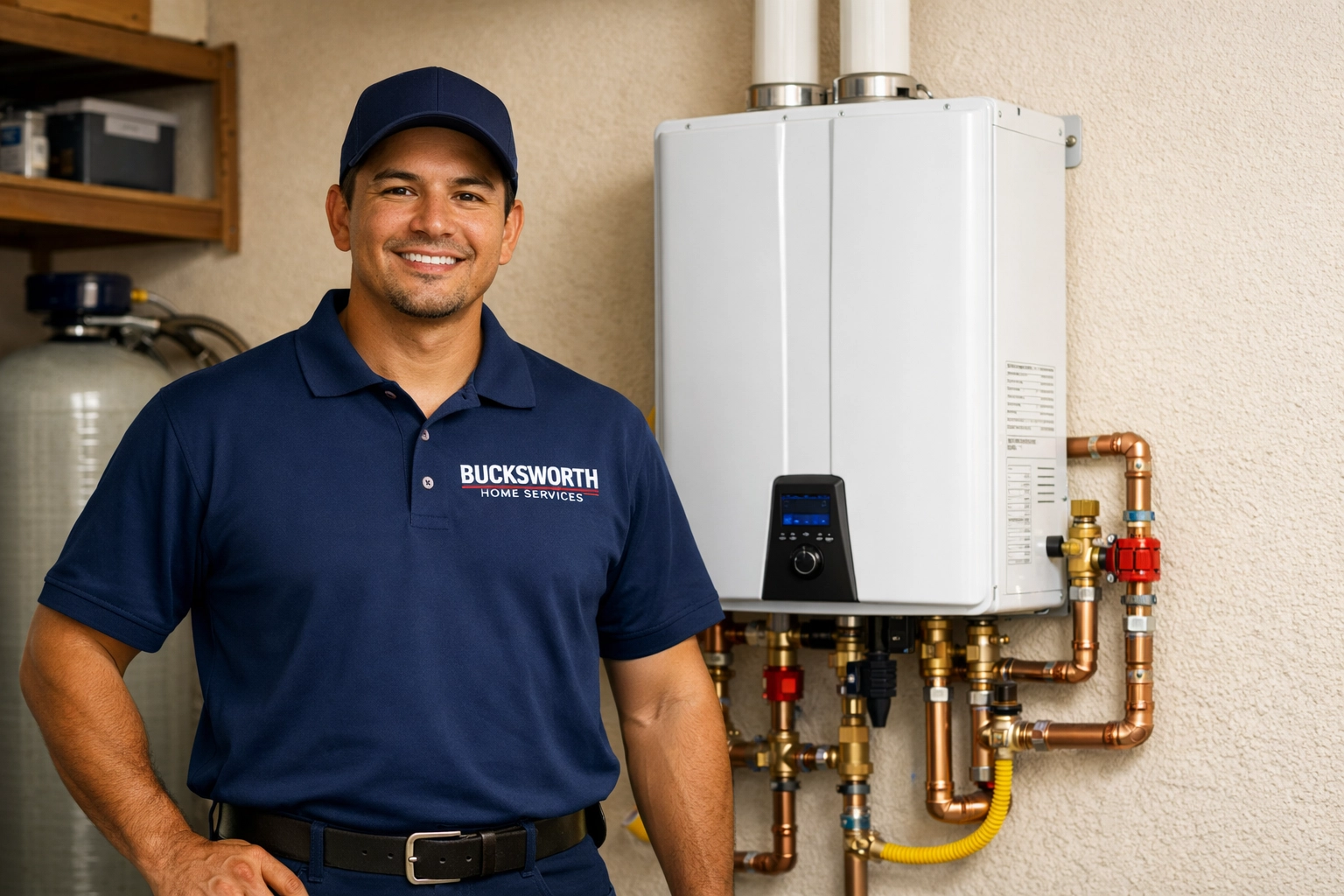 Bucksworth Home Services technician with a professional tankless water heater installation in a Scottsdale garage.